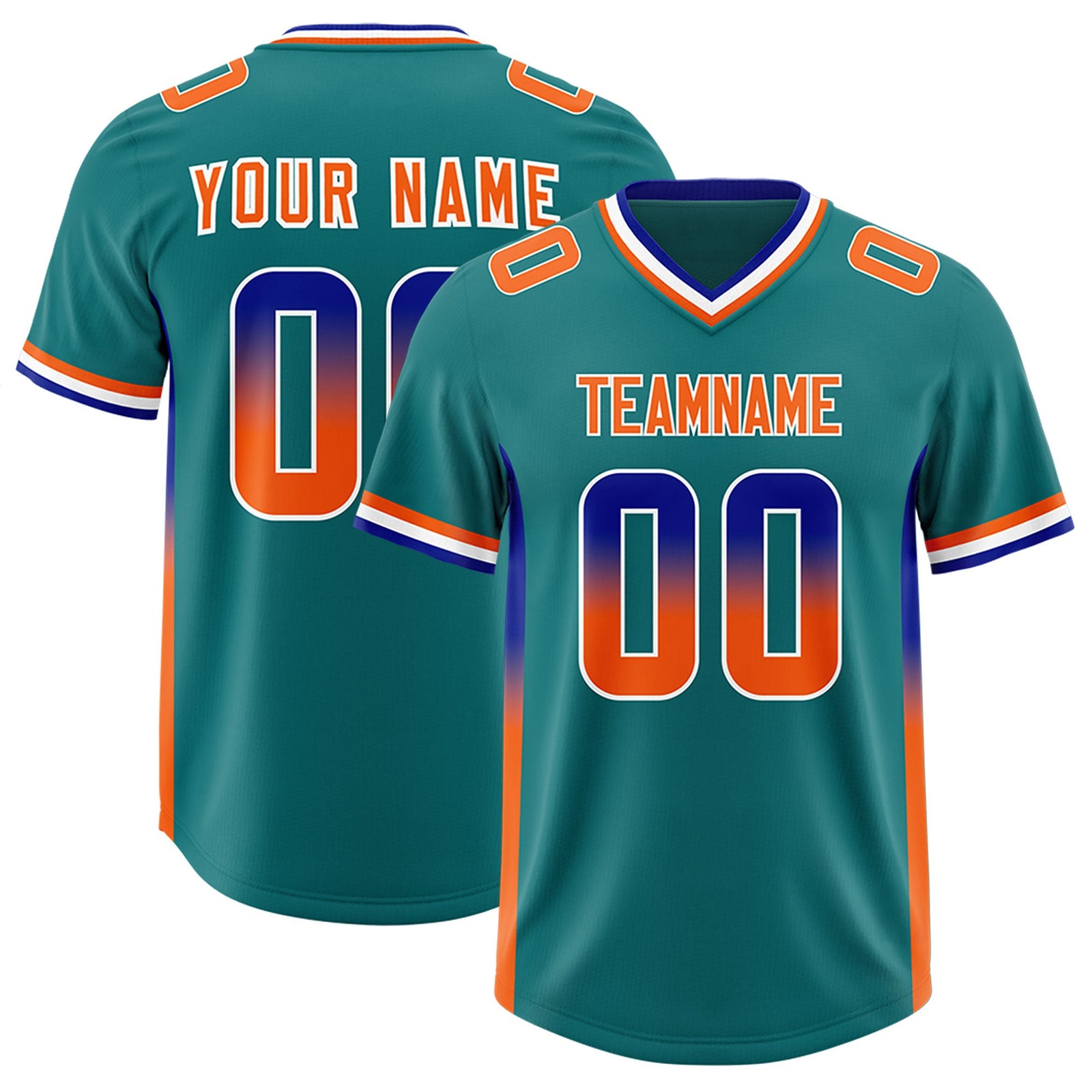 Custom Aqua Royal and Orange Sides Gradient Fashion Personalized Team Football Jersey