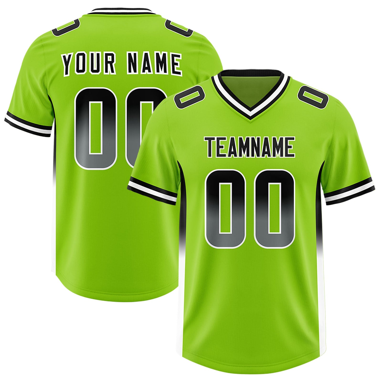 Custom Neon Green Black and White Sides Gradient Fashion Personalized Team Football Jersey