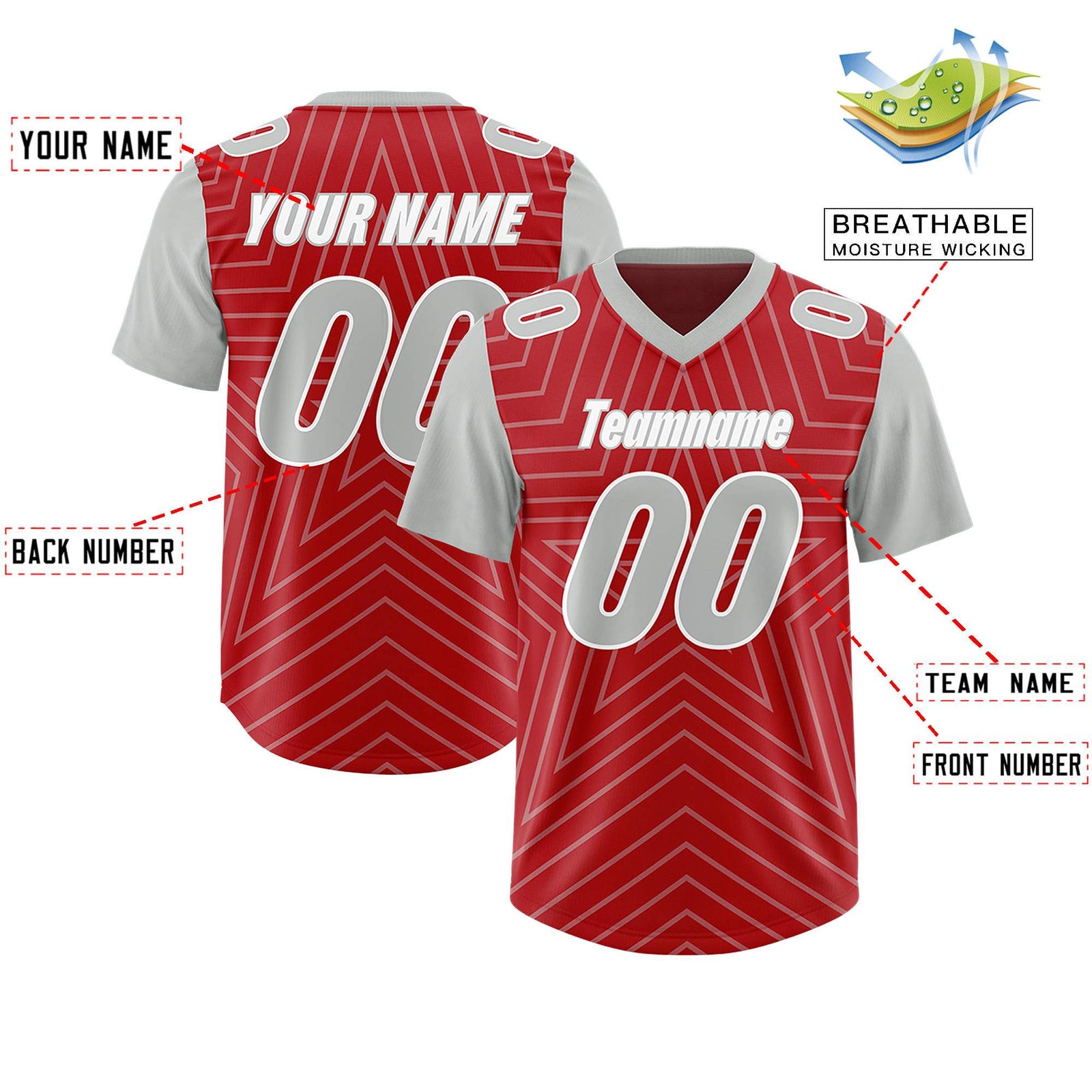 Custom Red Gray Personalized Star Pattern Raglan Sleeves Authentic Football Jersey