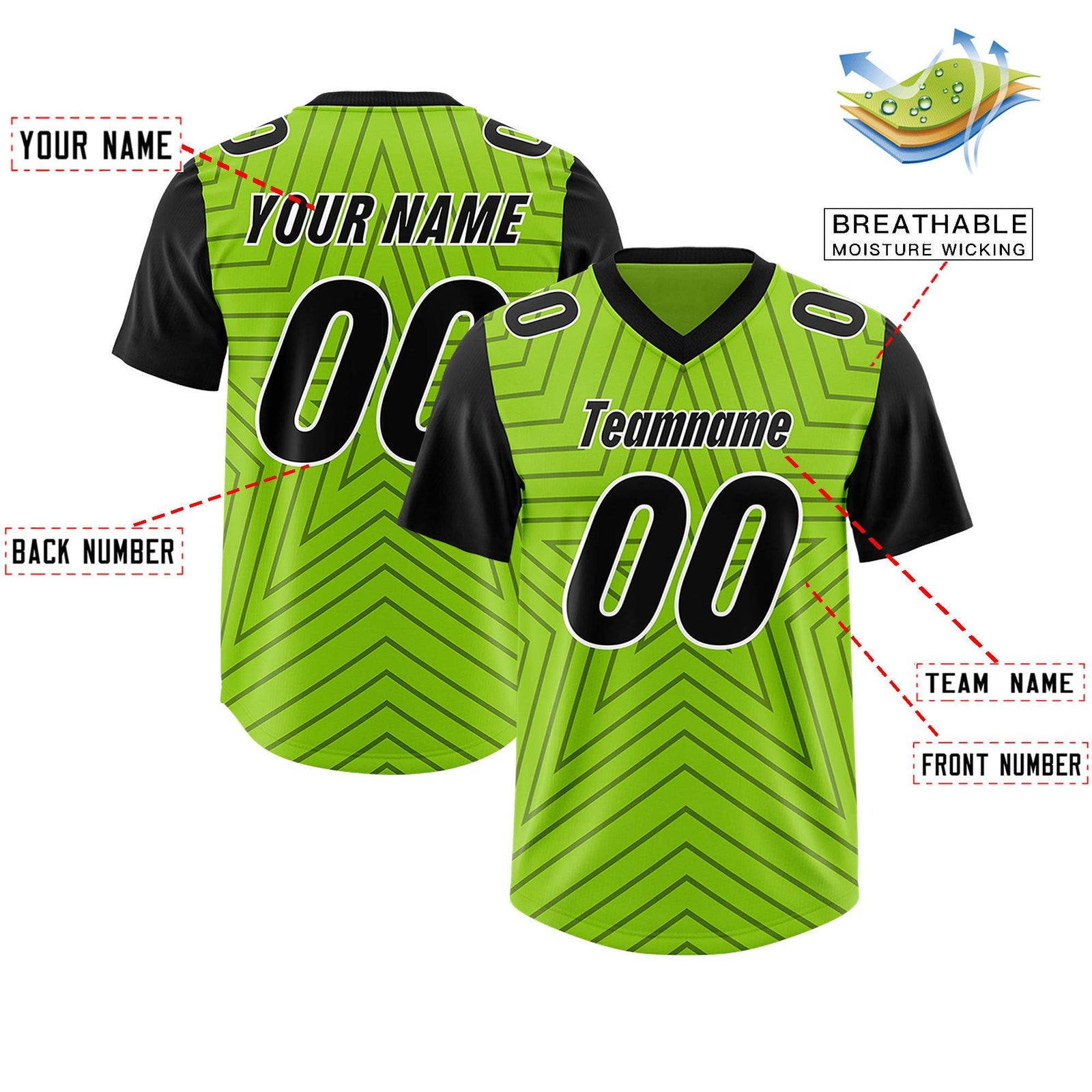 Custom Neon Green Black Personalized Star Pattern Raglan Sleeves Authentic Football Jersey