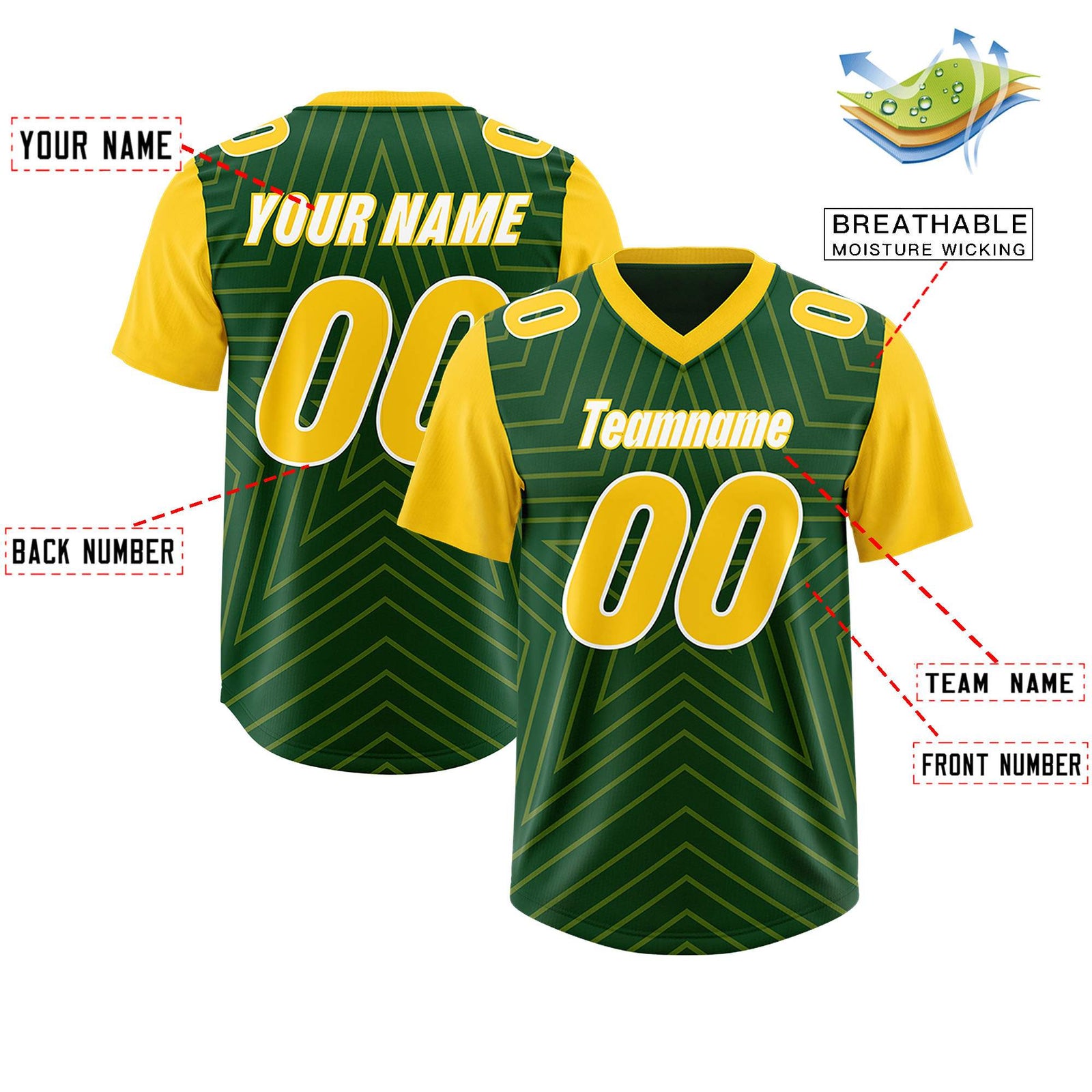 Custom Green Gold Personalized Star Pattern Raglan Sleeves Authentic Football Jersey
