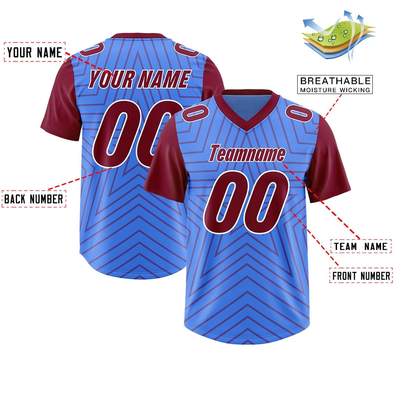 Custom Powder Blue Cardinal Personalized Star Pattern Raglan Sleeves Authentic Football Jersey