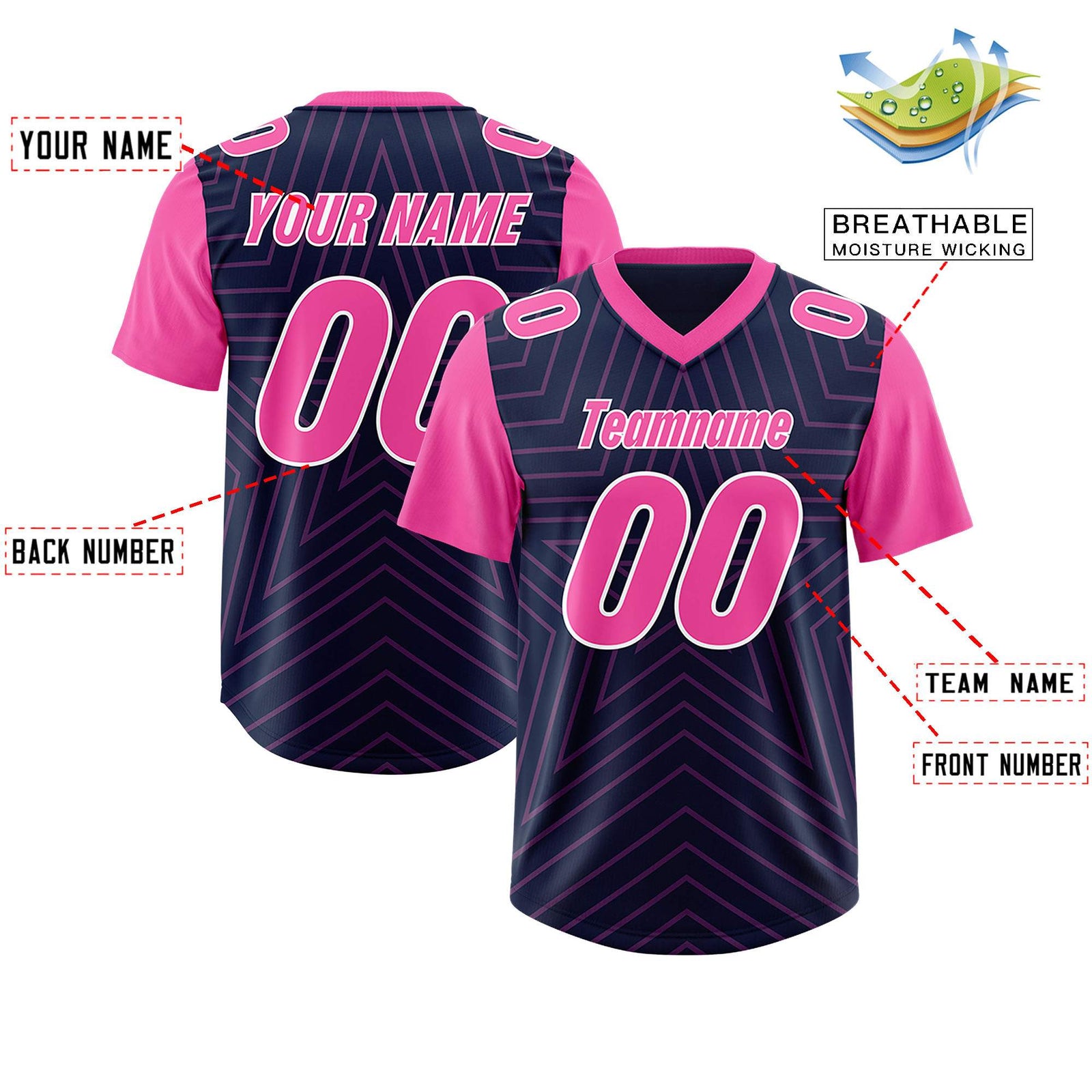 Custom Navy Pink Personalized Star Pattern Raglan Sleeves Authentic Football Jersey