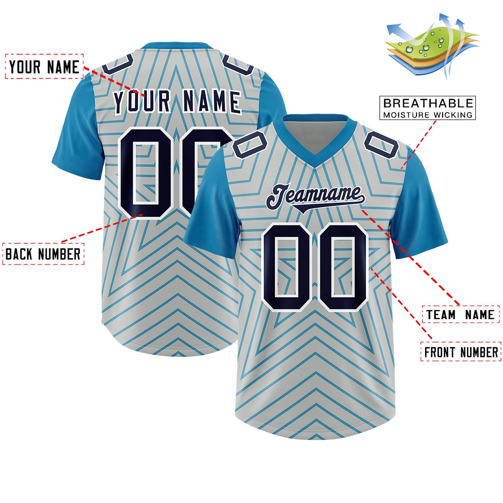 Custom Gray Panther Blue Personalized Star Pattern Raglan Sleeves Authentic Football Jersey
