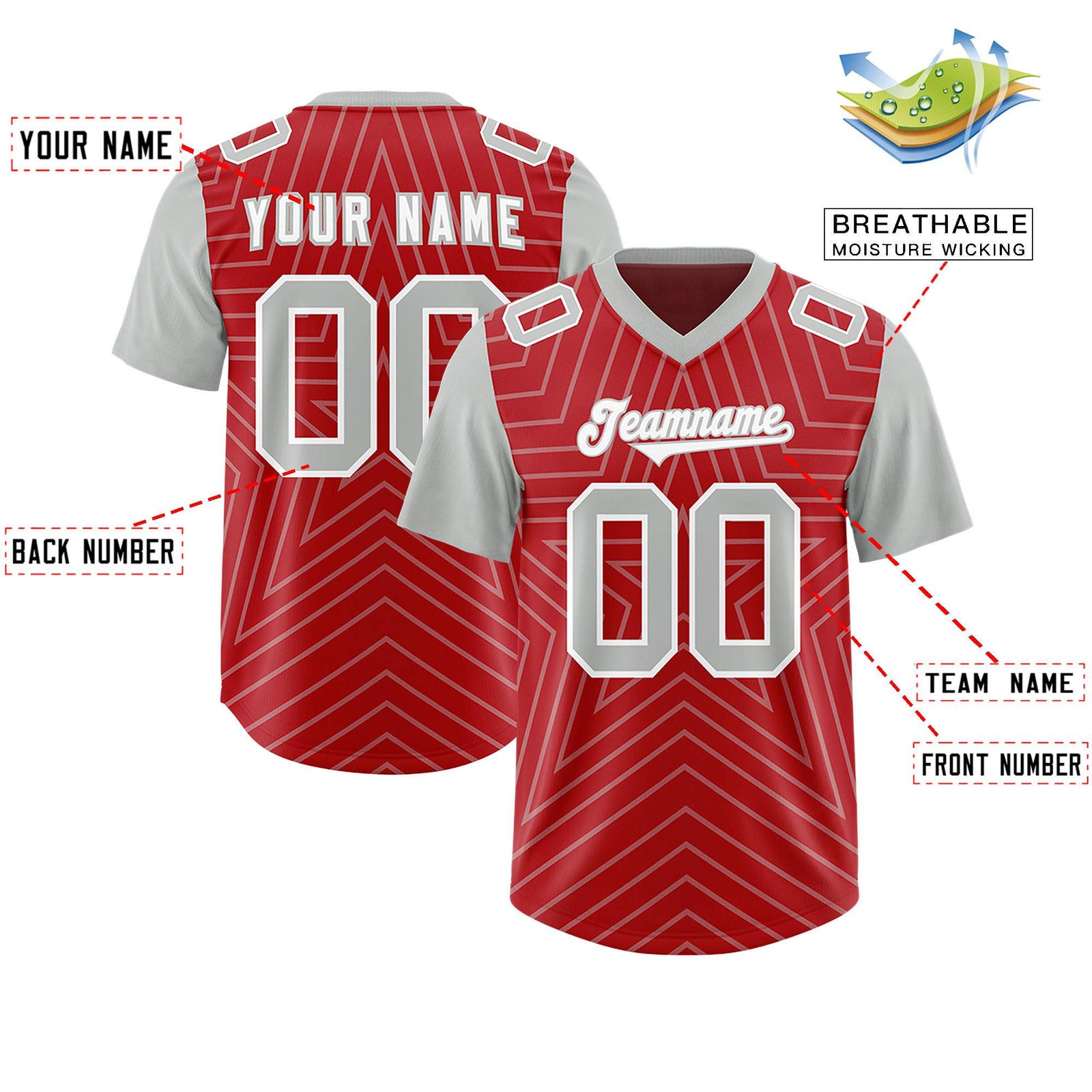 Custom Red Gray Personalized Star Pattern Raglan Sleeves Authentic Football Jersey