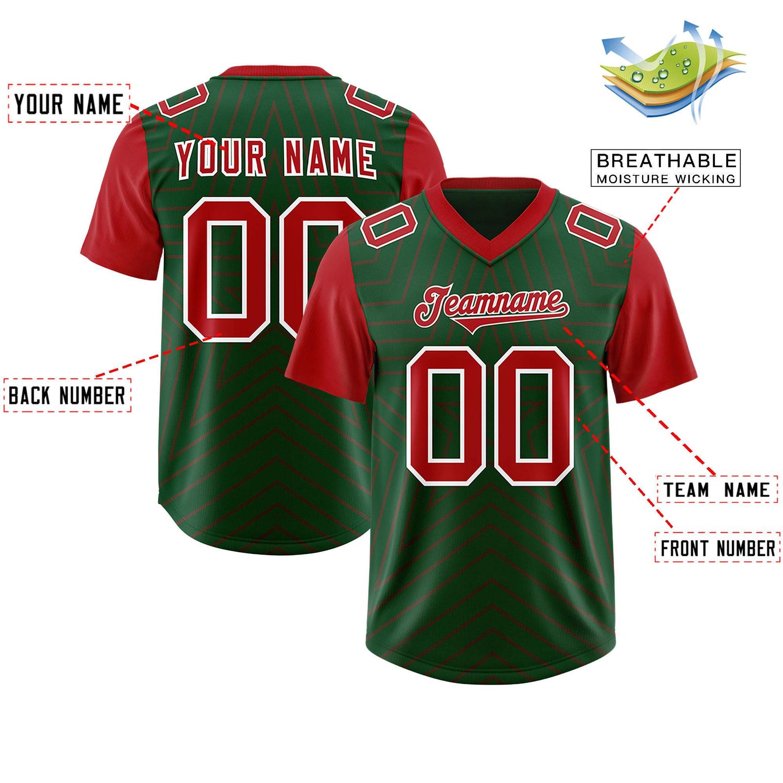 Custom Green Red Personalized Star Pattern Raglan Sleeves Authentic Football Jersey