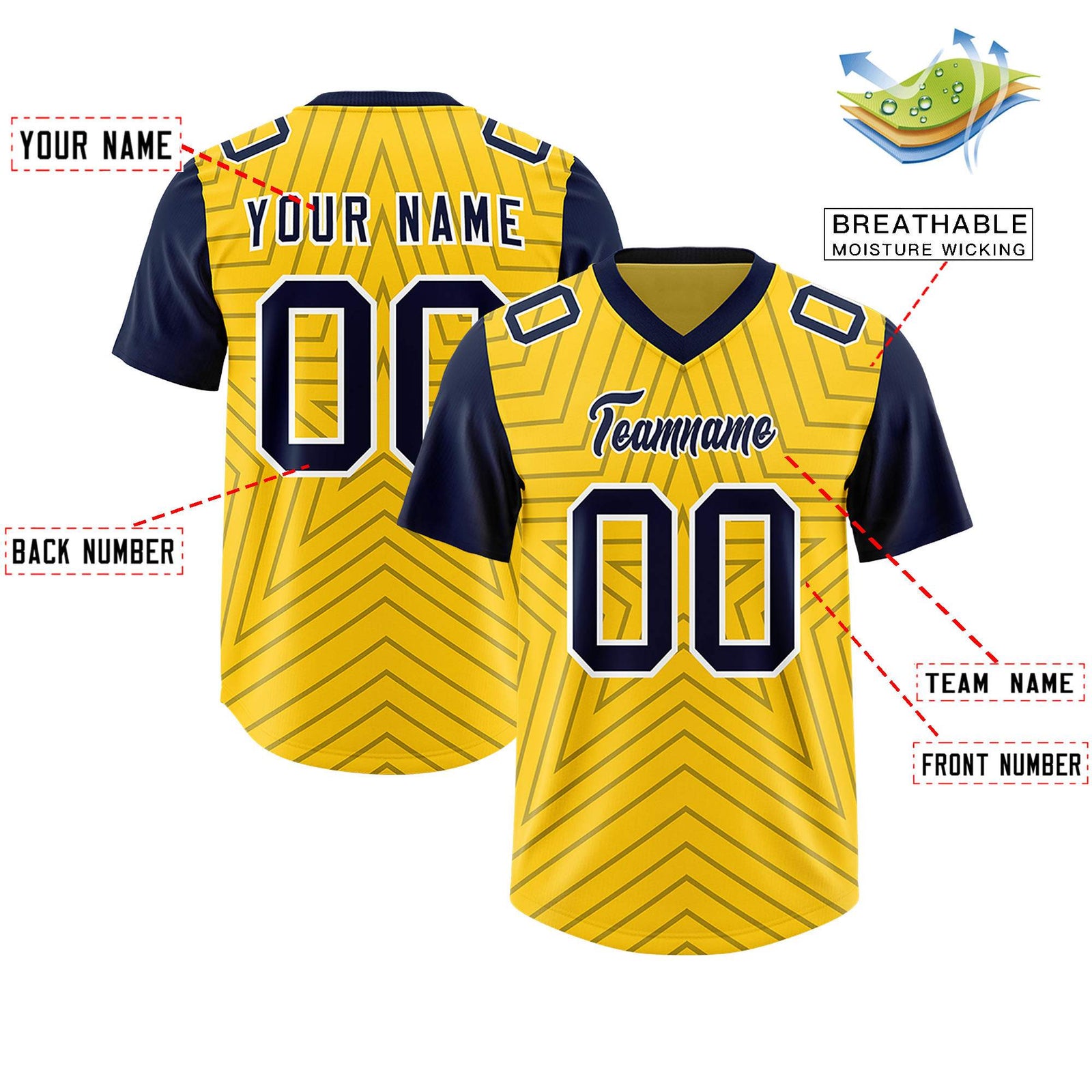 Custom Gold Navy Personalized Star Pattern Raglan Sleeves Authentic Football Jersey
