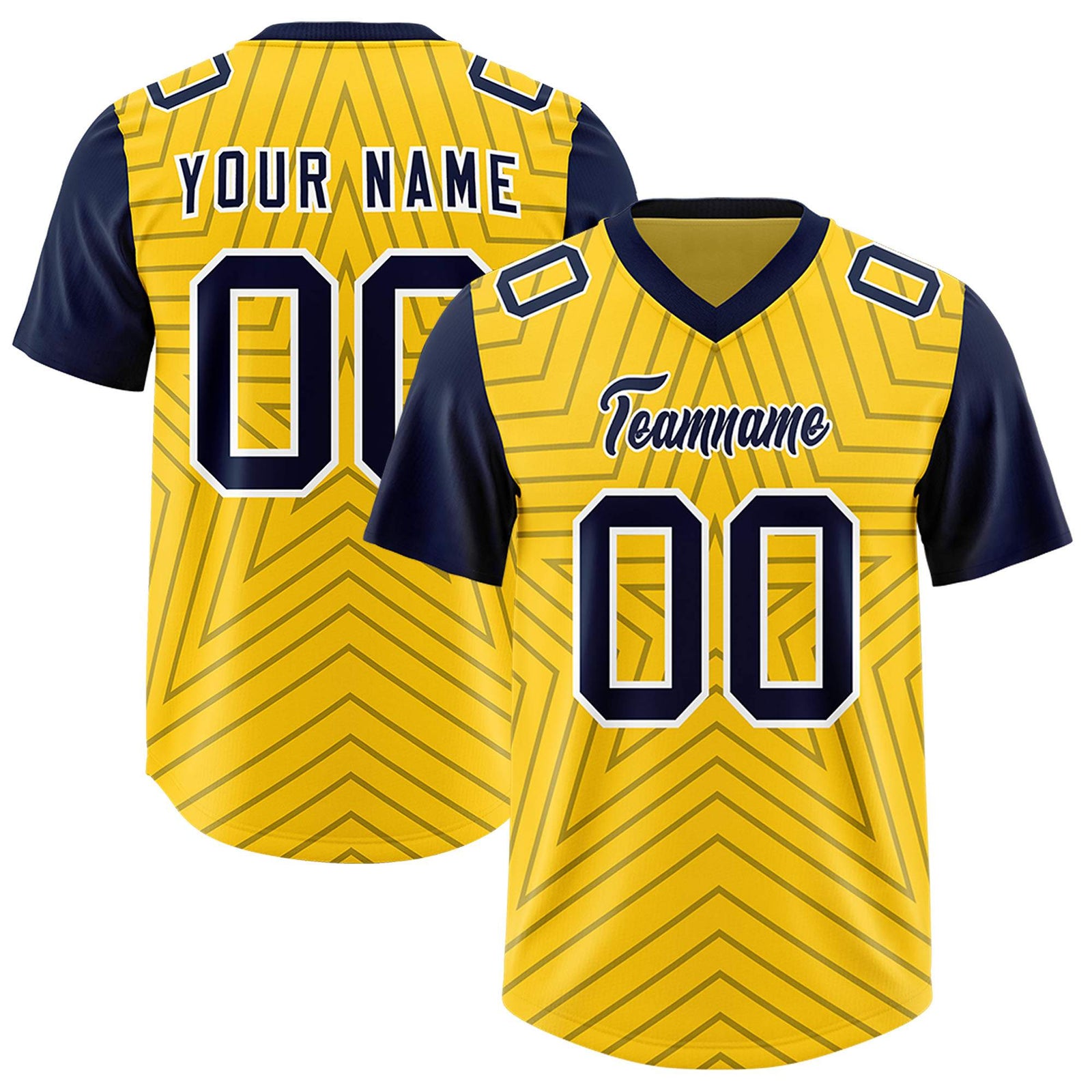 Custom Gold Navy Personalized Star Pattern Raglan Sleeves Authentic Football Jersey
