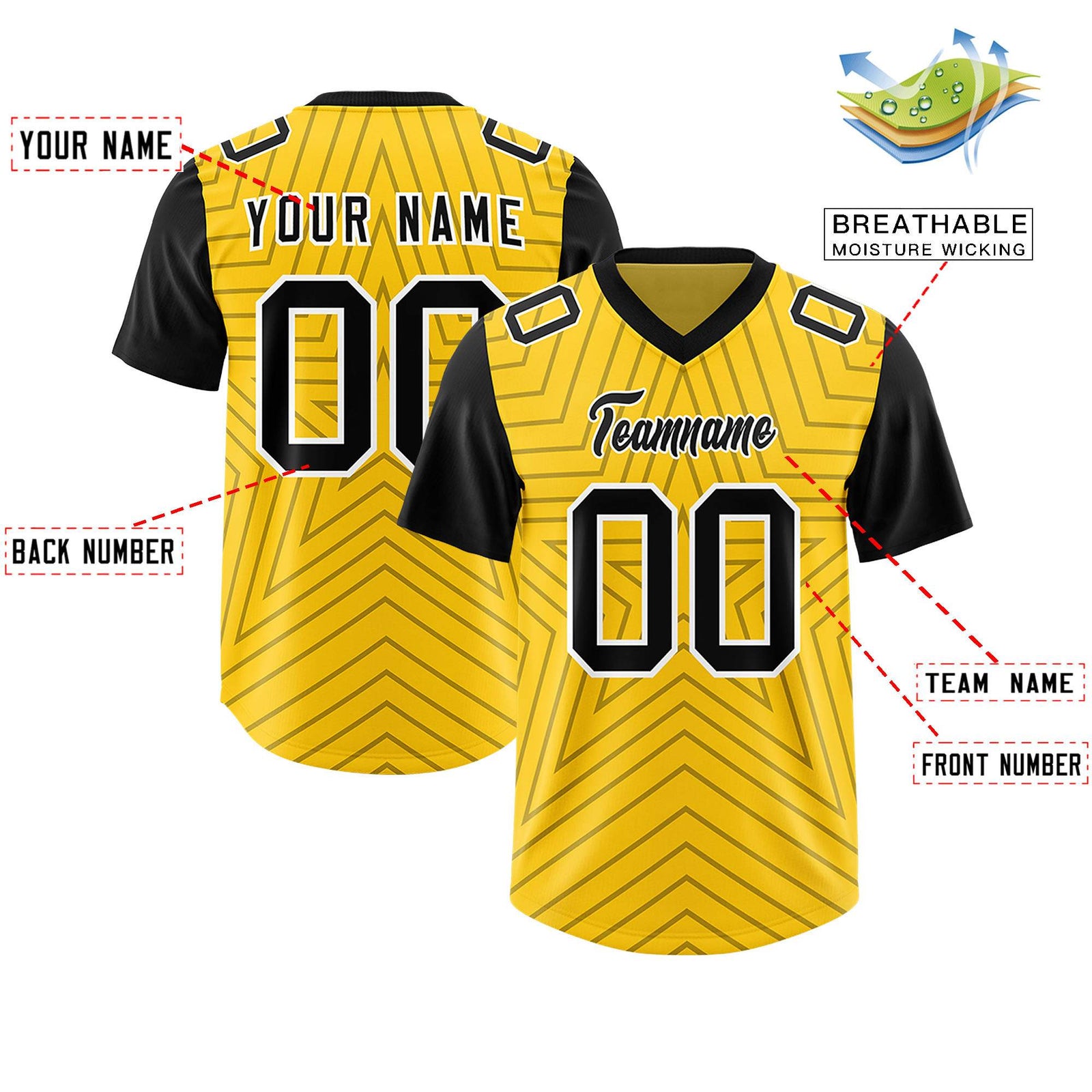 Custom Gold Black Personalized Star Pattern Raglan Sleeves Authentic Football Jersey