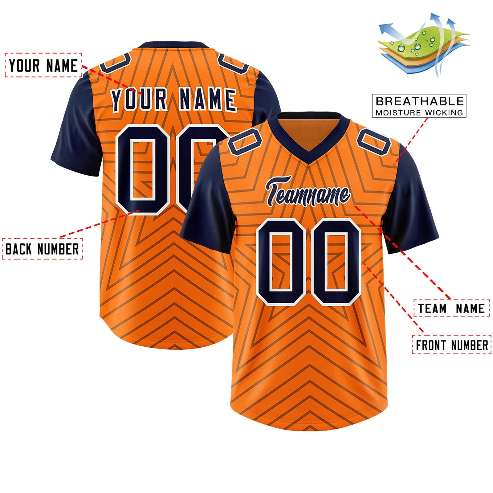Custom Orange Navy Personalized Star Pattern Raglan Sleeves Authentic Football Jersey