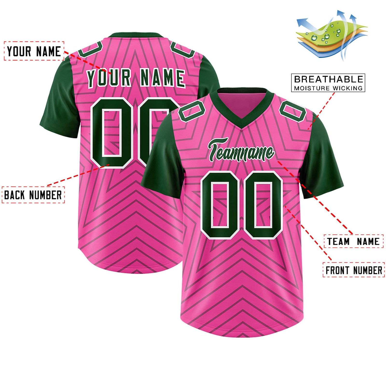 Custom Pink Green Personalized Star Pattern Raglan Sleeves Authentic Football Jersey