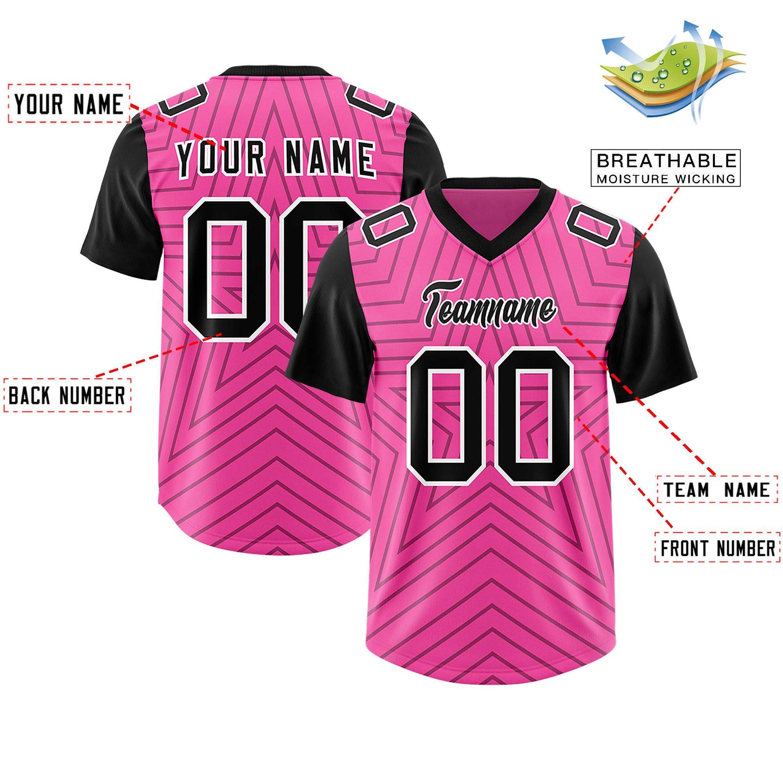 Custom Pink Black Personalized Star Pattern Raglan Sleeves Authentic Football Jersey