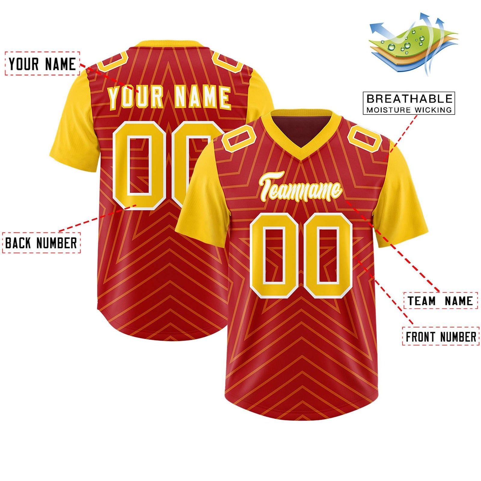 Custom Red Gold Personalized Star Pattern Raglan Sleeves Authentic Football Jersey