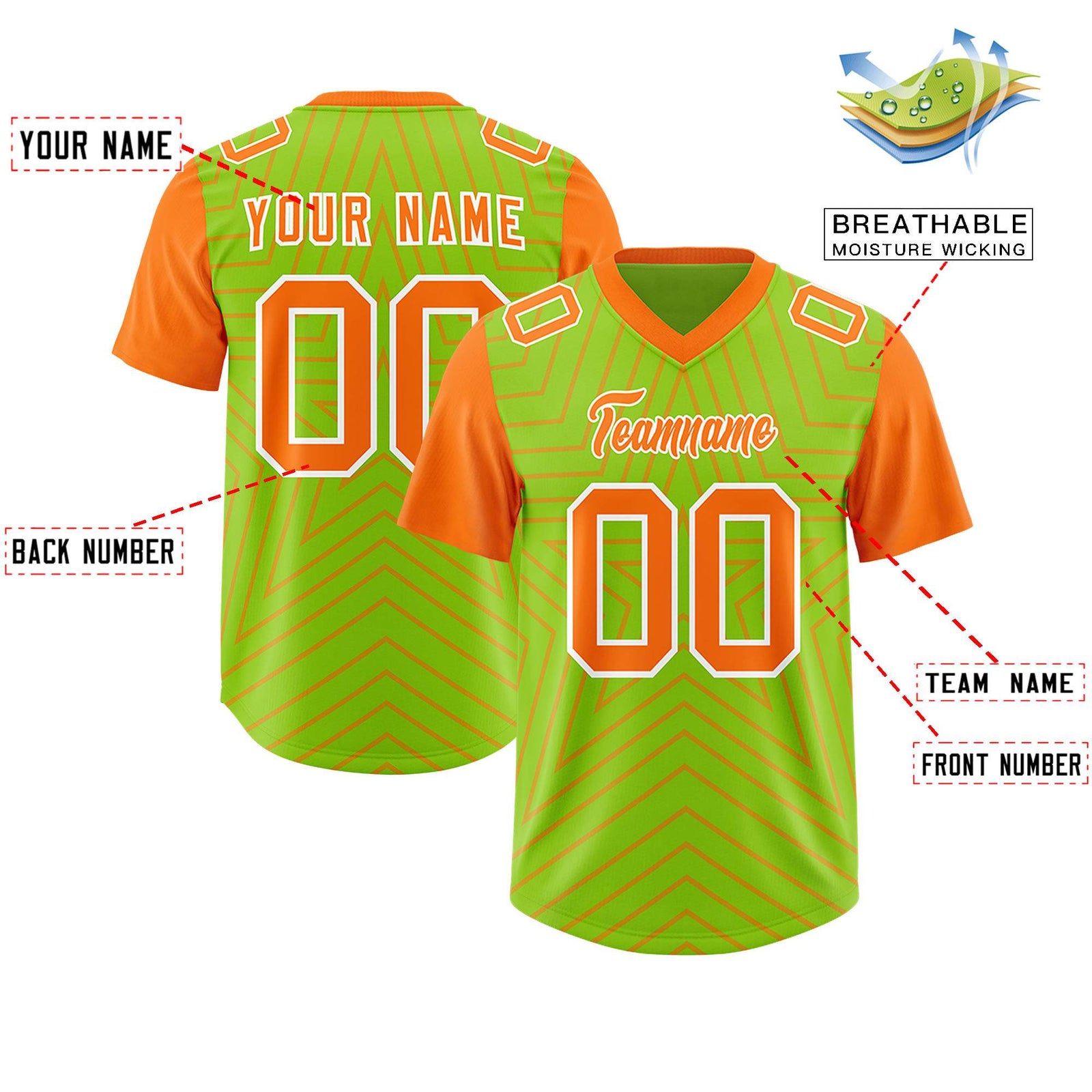 Custom Neon Green Orange Personalized Star Pattern Raglan Sleeves Authentic Football Jersey