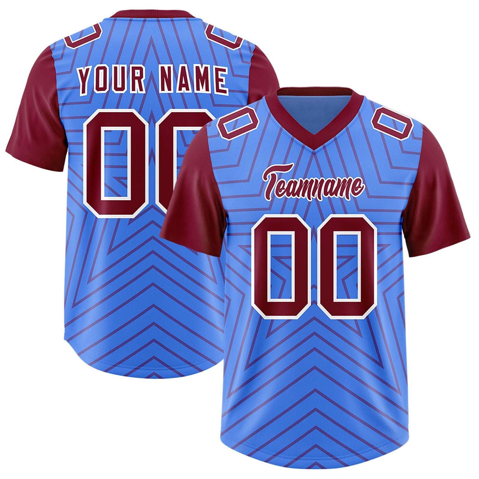 Custom Powder Blue Cardinal Personalized Star Pattern Raglan Sleeves Authentic Football Jersey