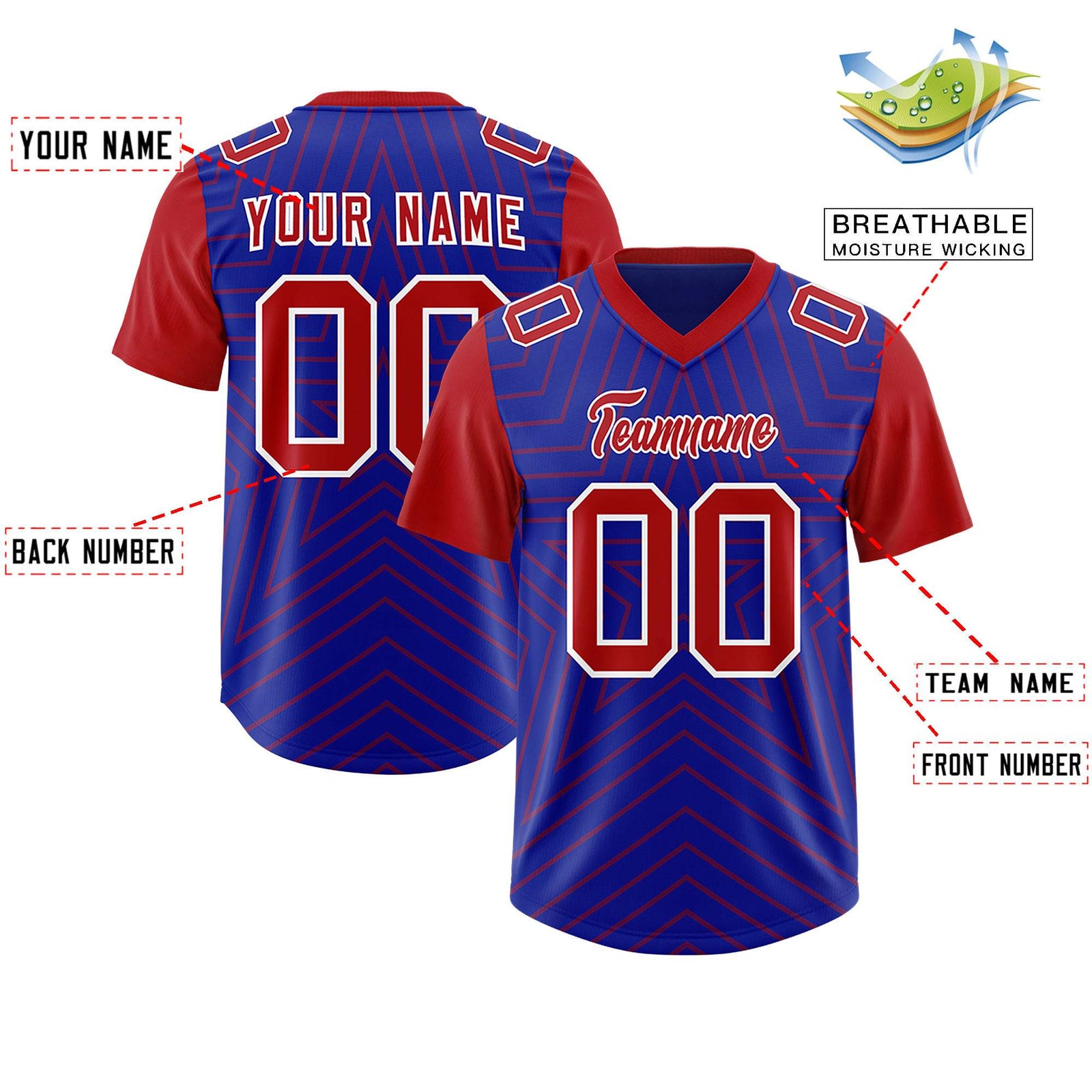 Custom Royal Red Personalized Star Pattern Raglan Sleeves Authentic Football Jersey