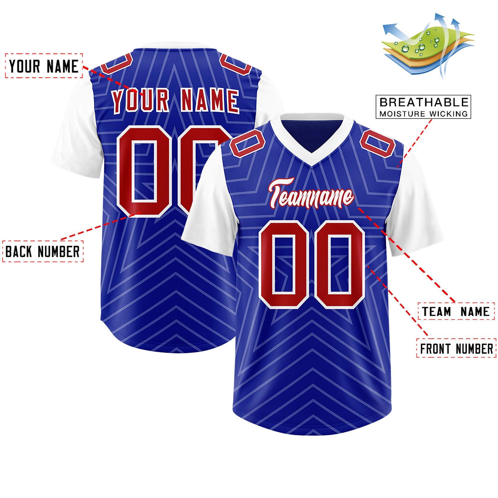 Custom Royal White Personalized Star Pattern Raglan Sleeves Authentic Football Jersey