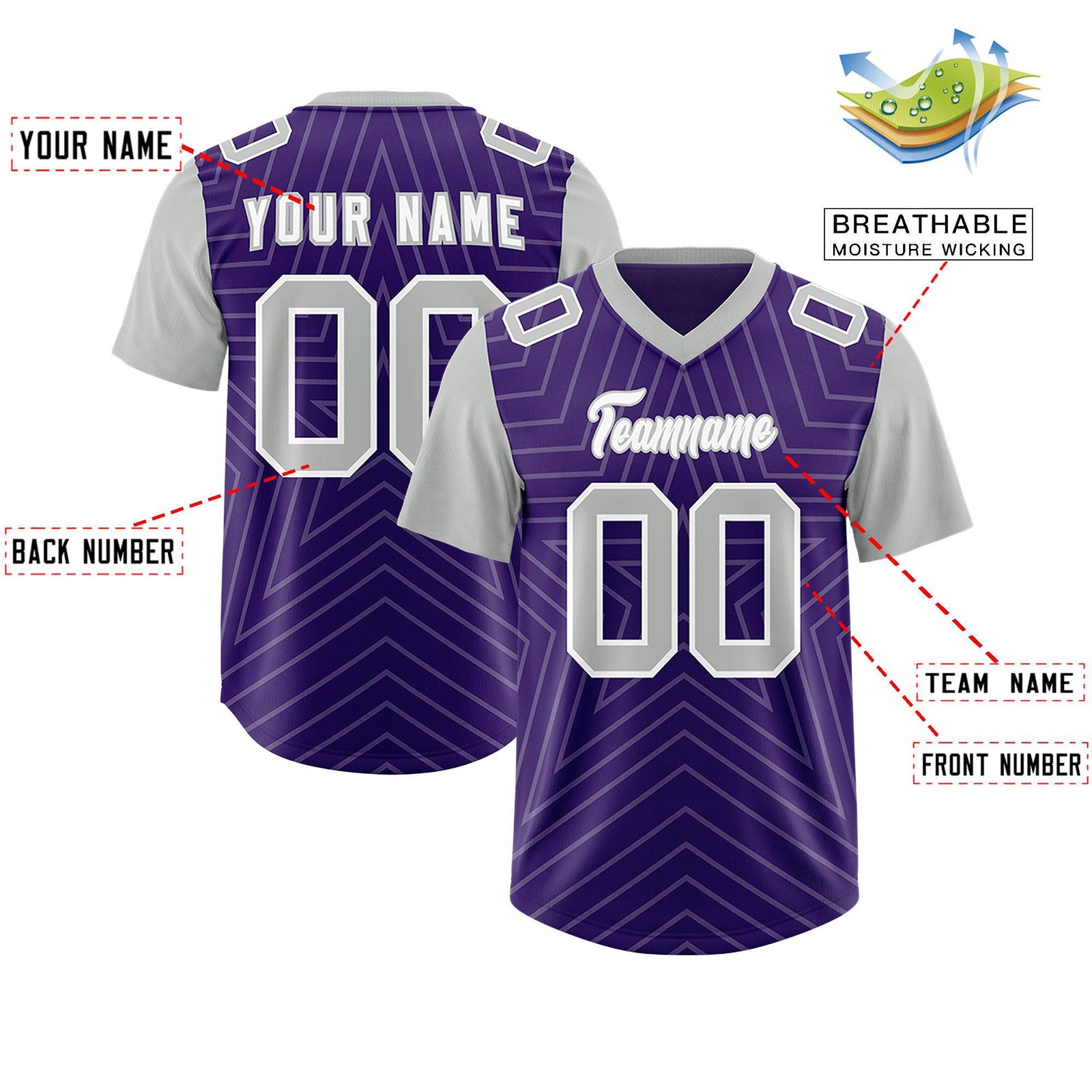 Custom Purple Gray Personalized Star Pattern Raglan Sleeves Authentic Football Jersey