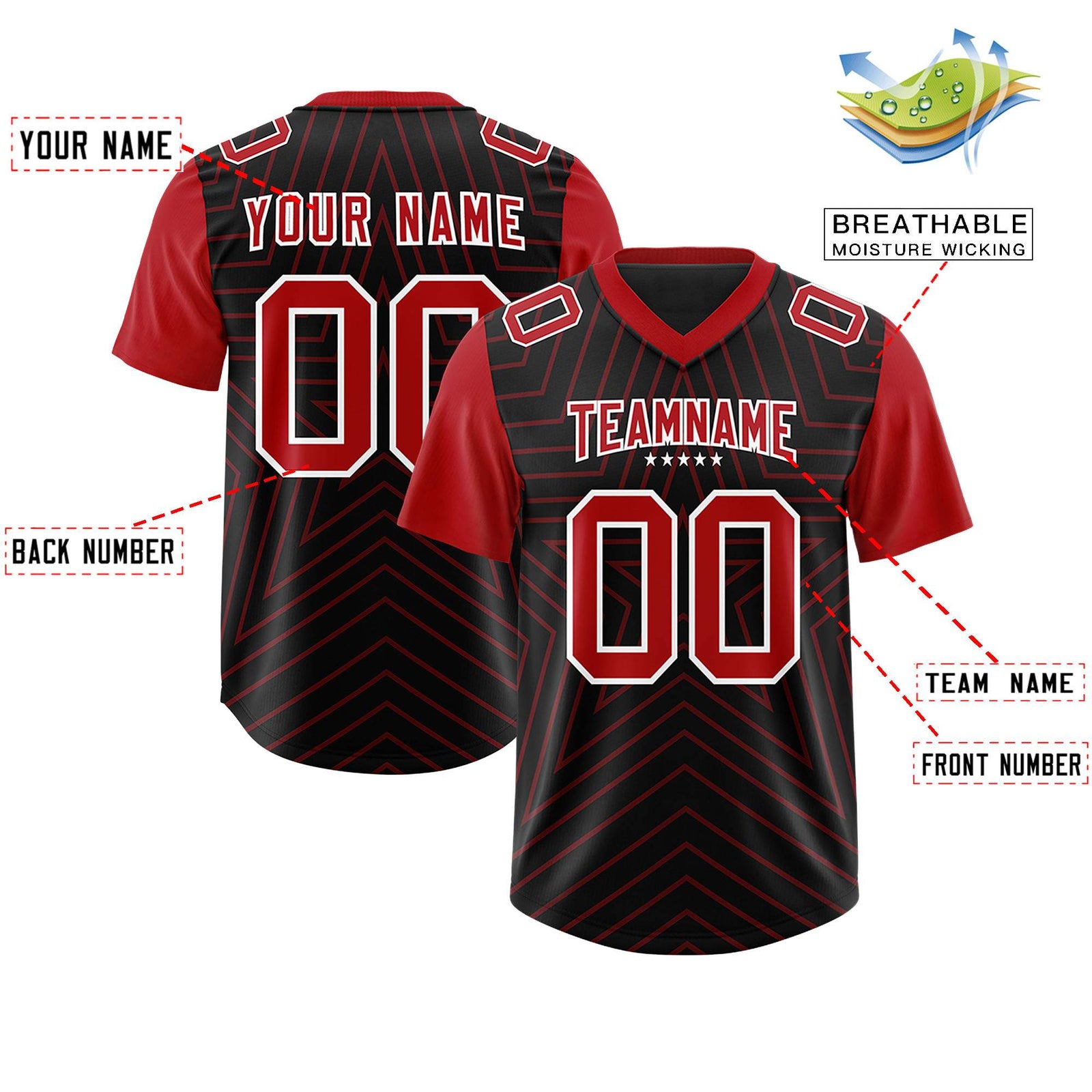 Custom Black Red Personalized Star Pattern Raglan Sleeves Authentic Football Jersey