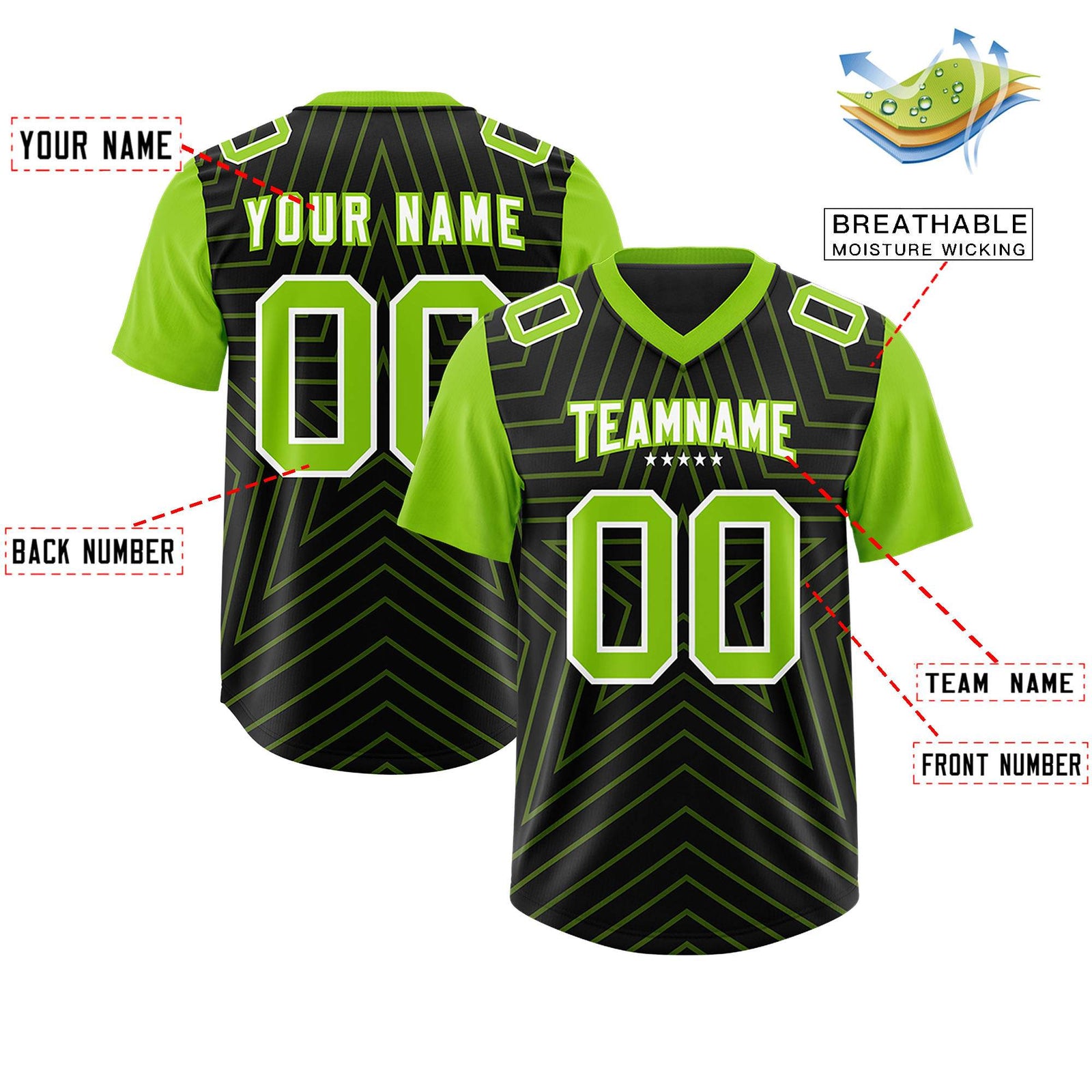 Custom Black Neon Green Personalized Star Pattern Raglan Sleeves Authentic Football Jersey