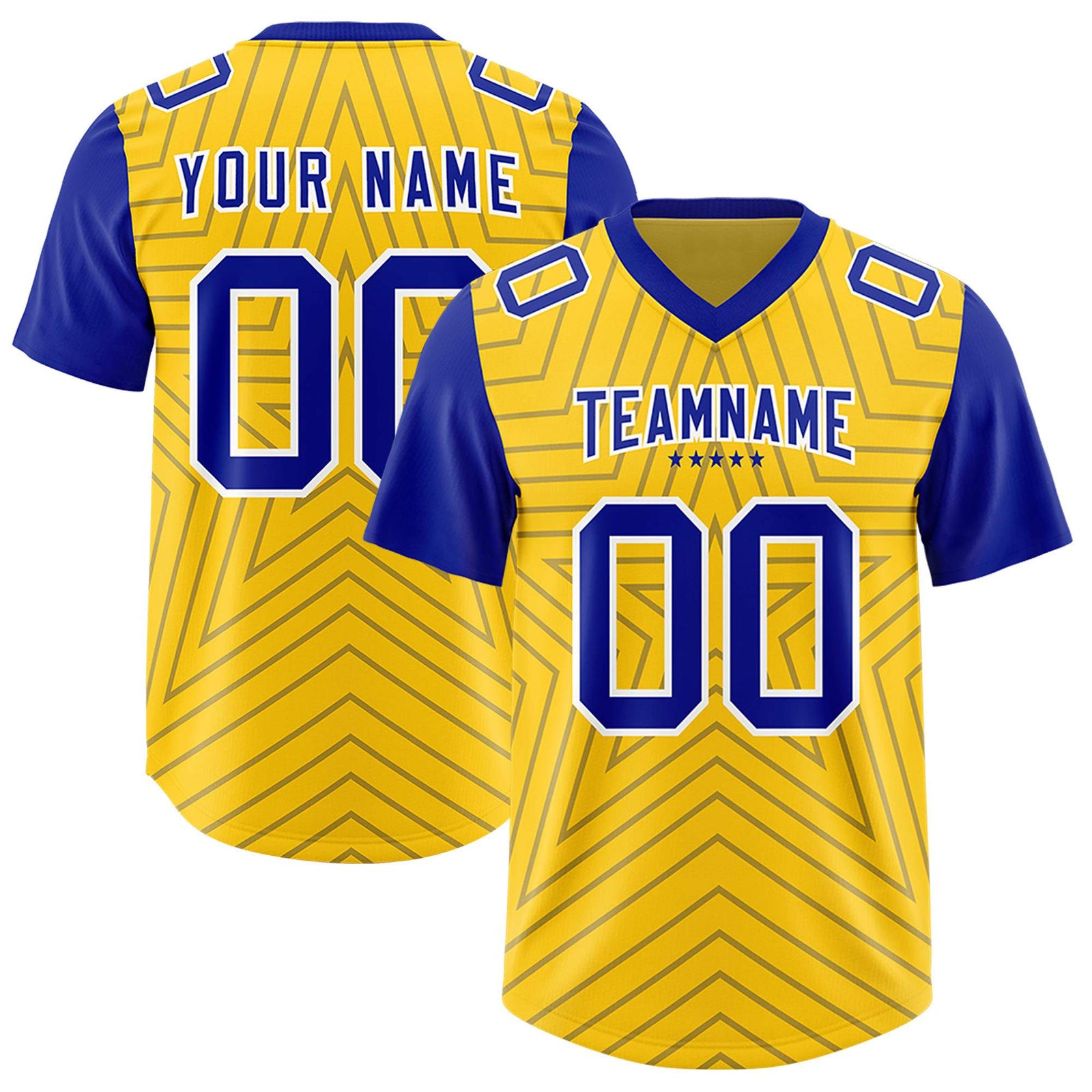 Custom Gold Royal Personalized Star Pattern Raglan Sleeves Authentic Football Jersey