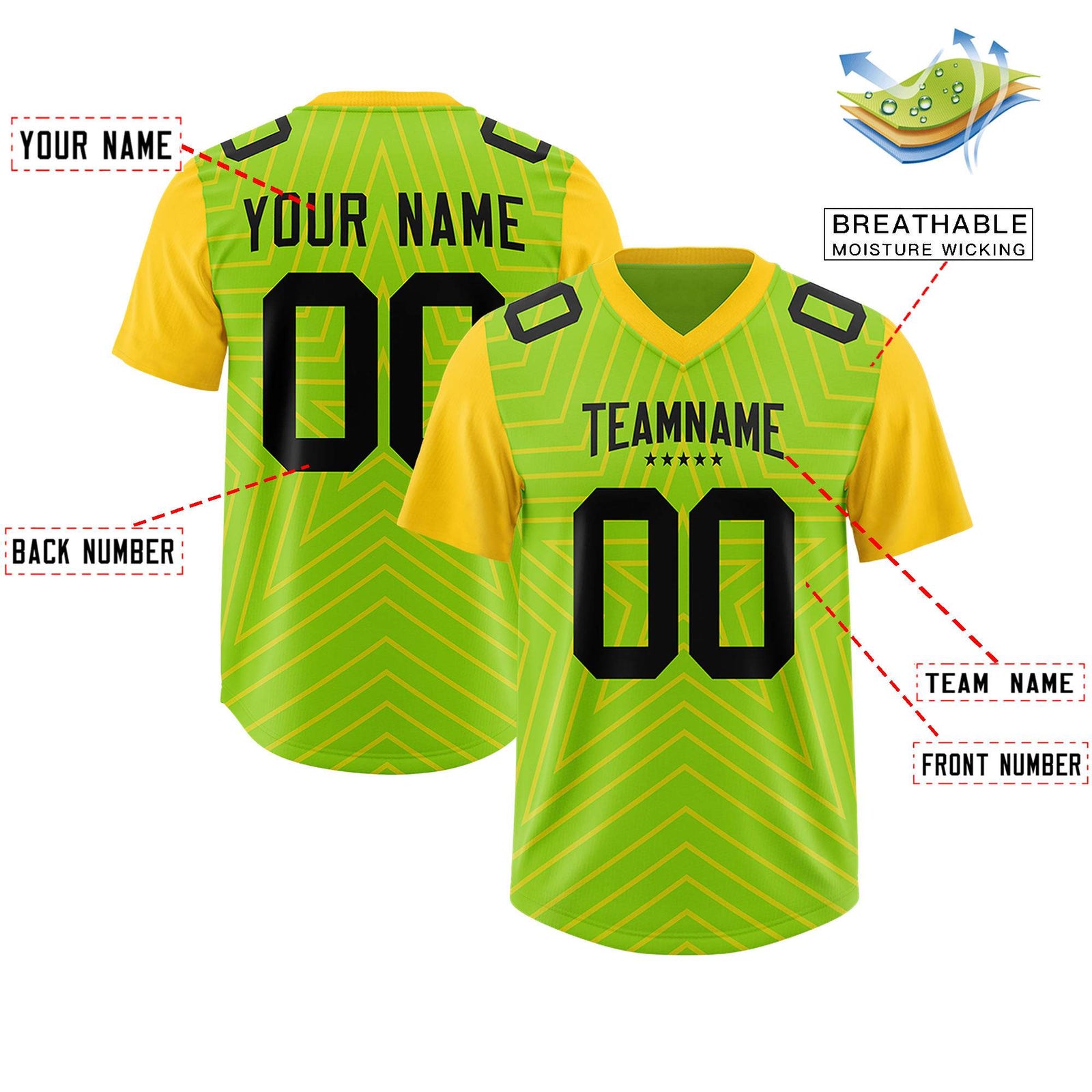 Custom Neon Green Gold Personalized Star Pattern Raglan Sleeves Authentic Football Jersey