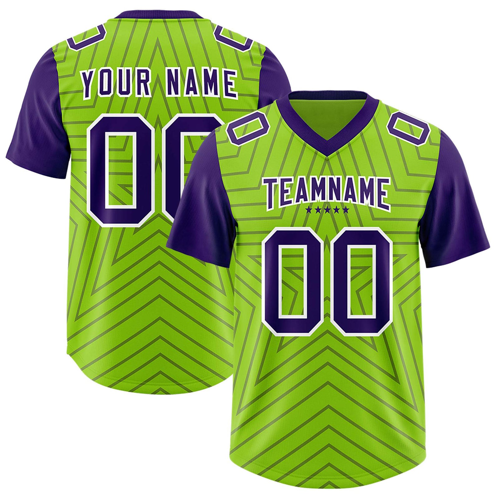 Custom Neon Green Purple Personalized Star Pattern Raglan Sleeves Authentic Football Jersey