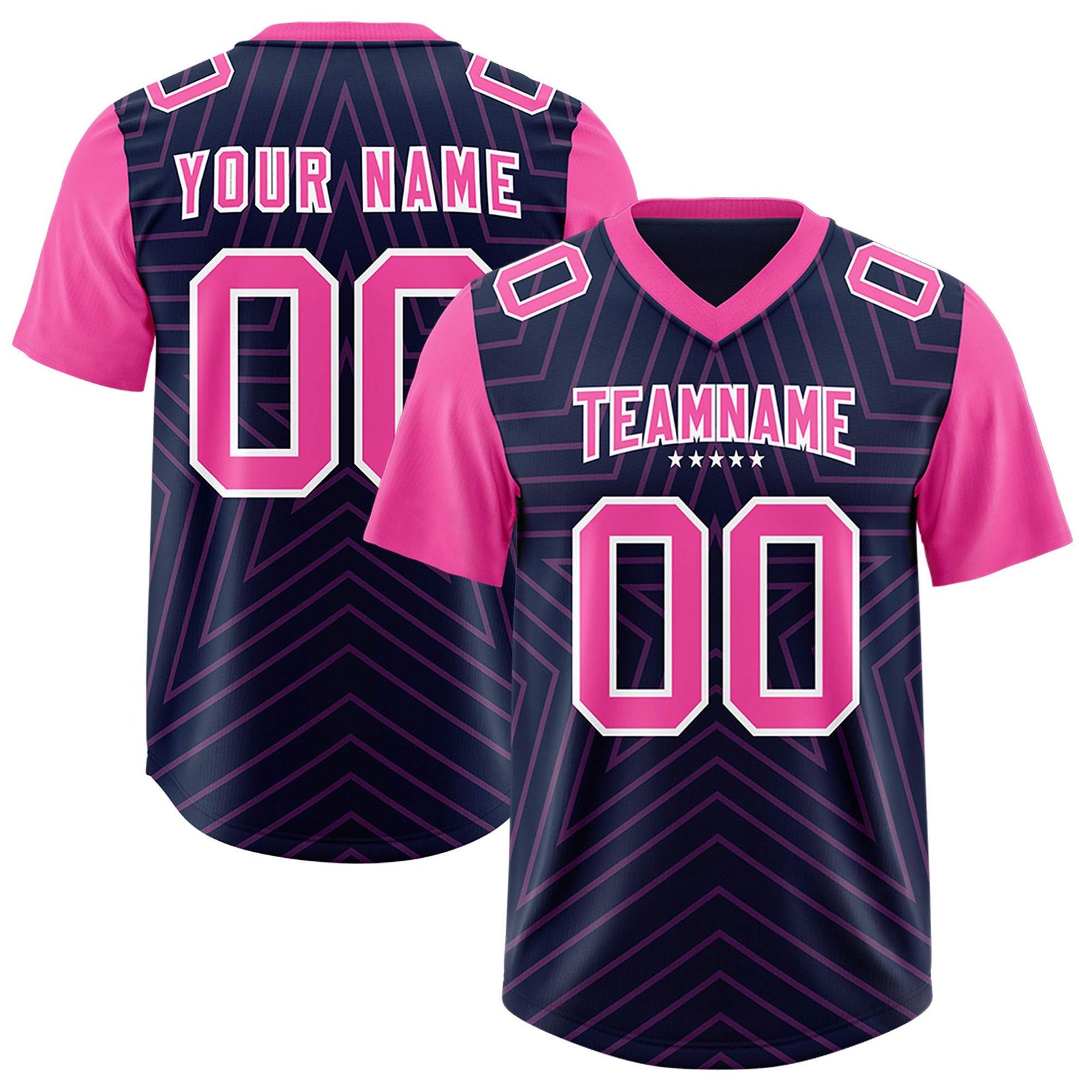 Custom Navy Pink Personalized Star Pattern Raglan Sleeves Authentic Football Jersey