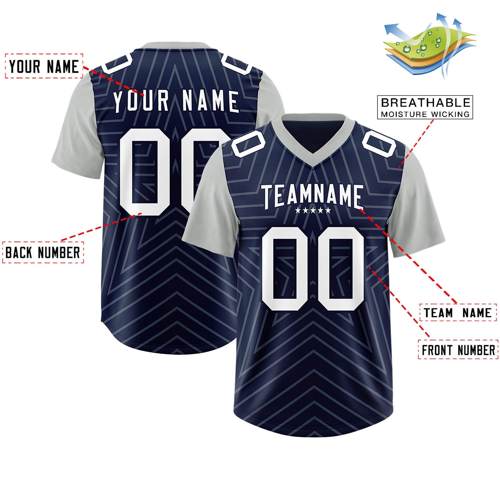 Custom Navy Gray Personalized Star Pattern Raglan Sleeves Authentic Football Jersey