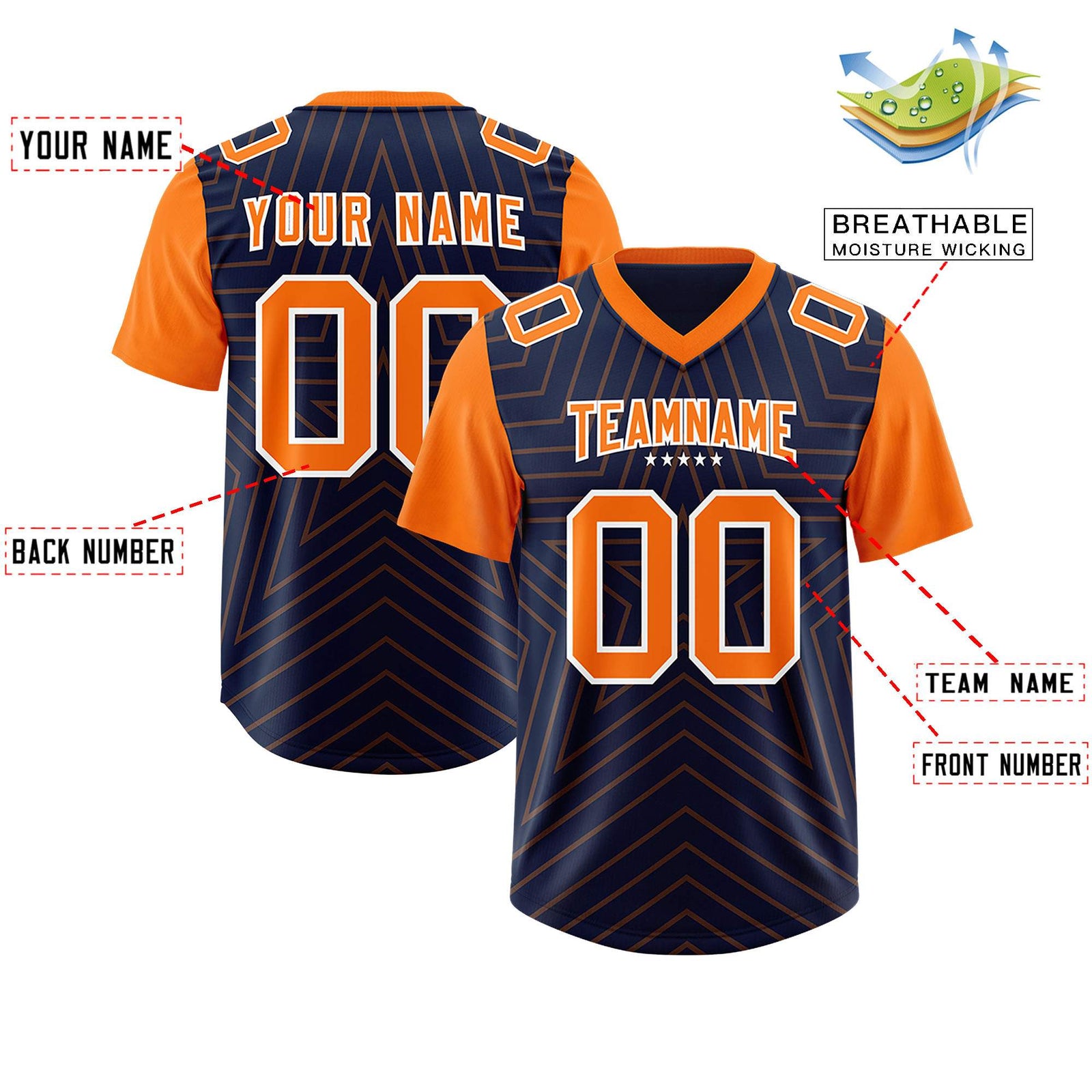 Custom Navy Orange Personalized Star Pattern Raglan Sleeves Authentic Football Jersey