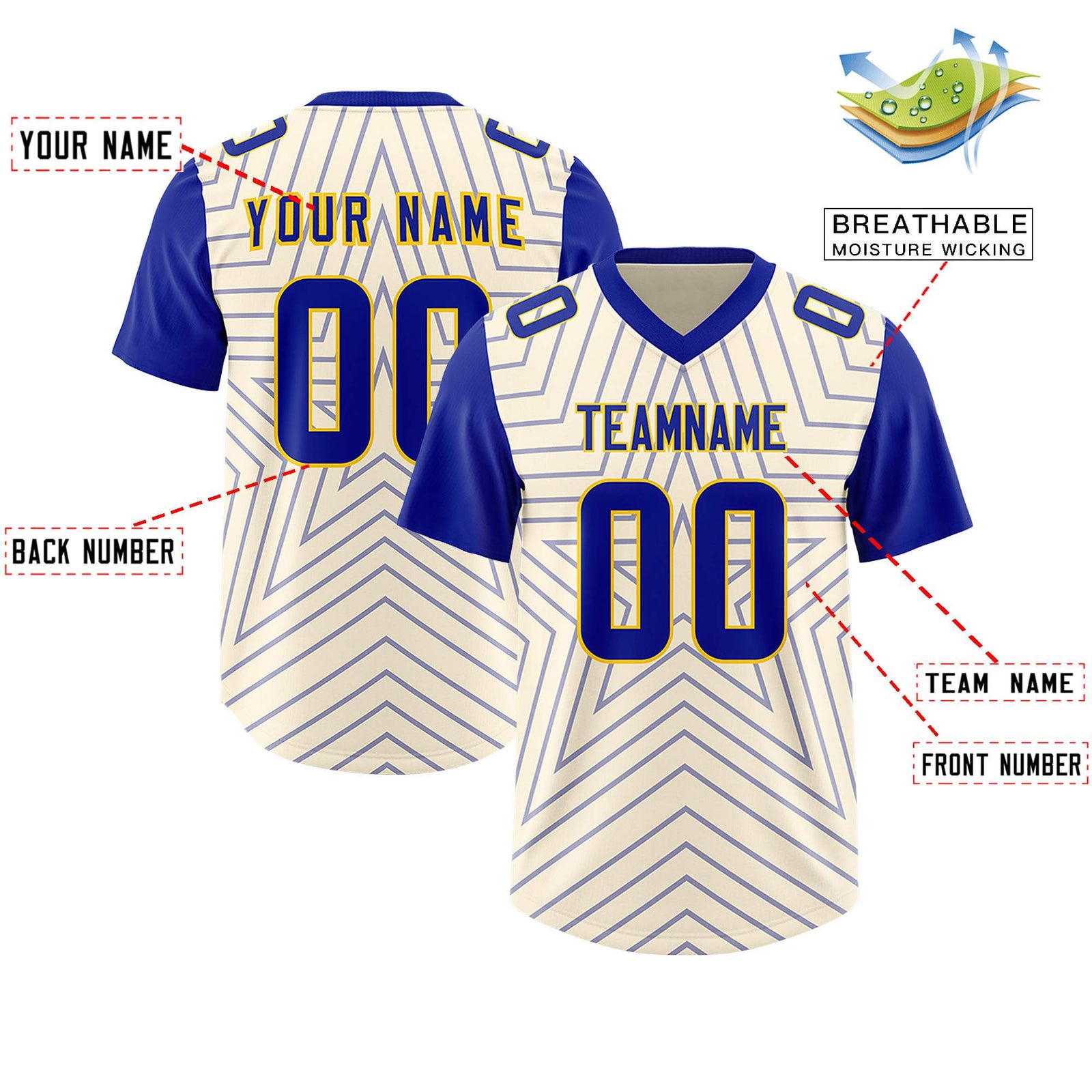 Custom Cream Royal Personalized Star Pattern Raglan Sleeves Authentic Football Jersey