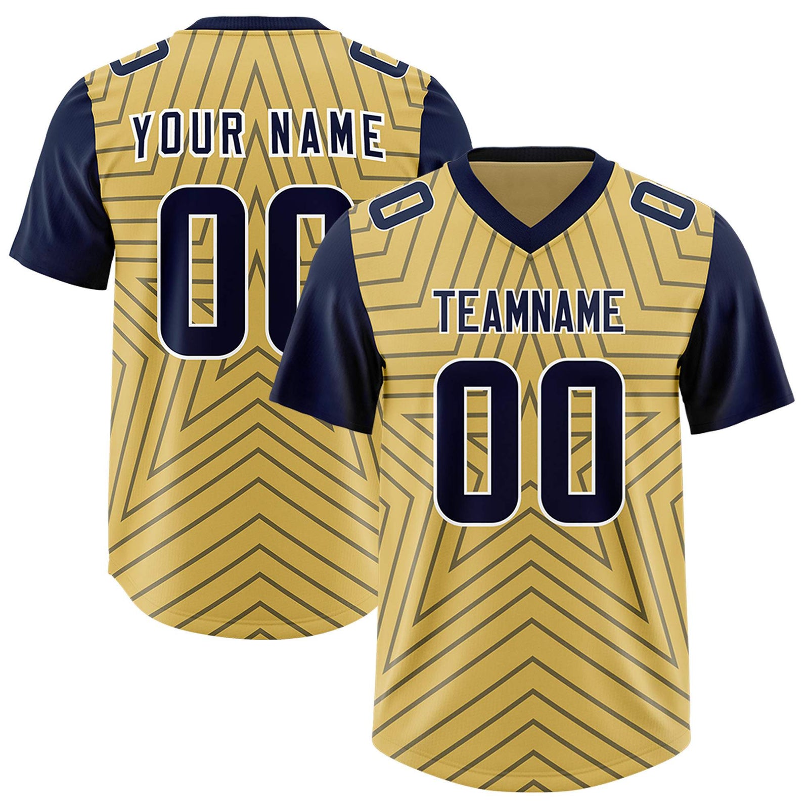 Custom Old Gold Navy Personalized Star Pattern Raglan Sleeves Authentic Football Jersey