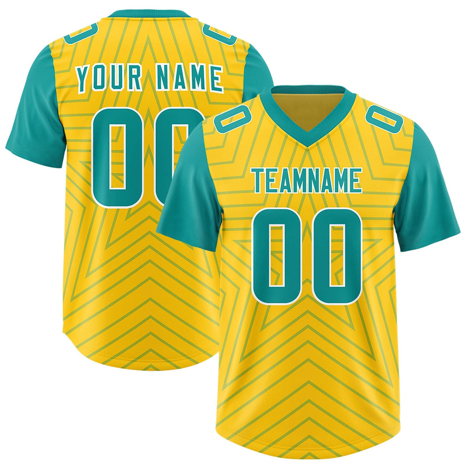Custom Gold Aqua Personalized Star Pattern Raglan Sleeves Authentic Football Jersey