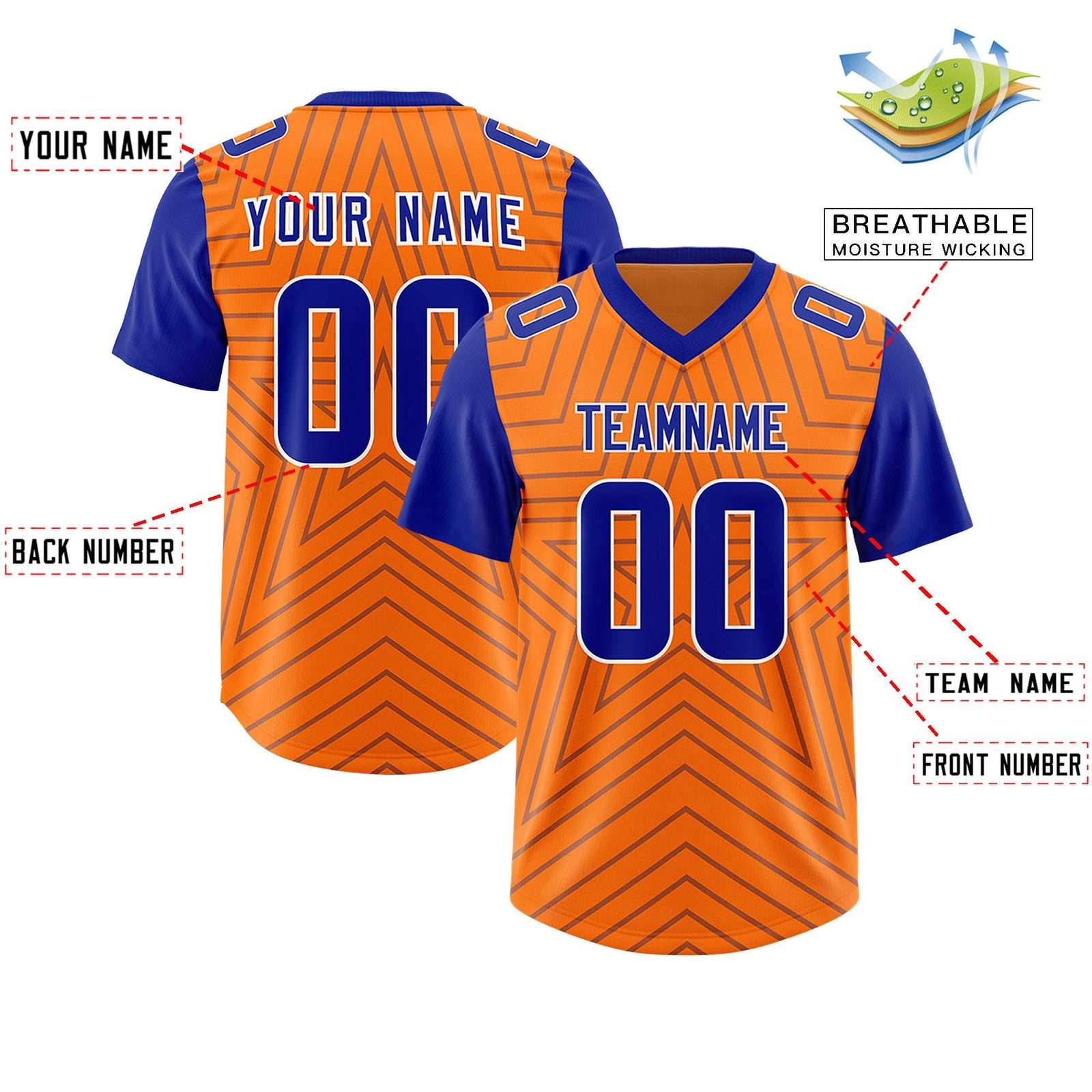 Custom Orange Royal Personalized Star Pattern Raglan Sleeves Authentic Football Jersey