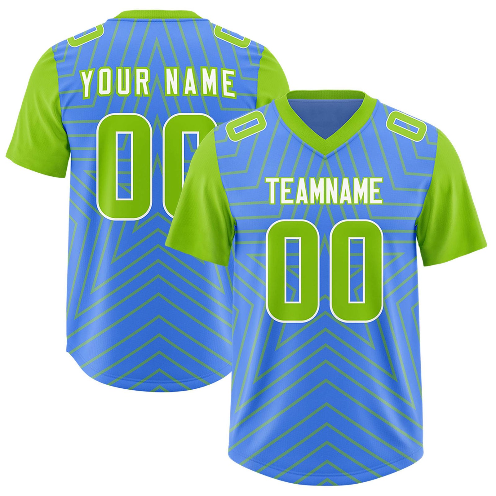 Custom Powder Blue Neon Green Personalized Star Pattern Raglan Sleeves Authentic Football Jersey