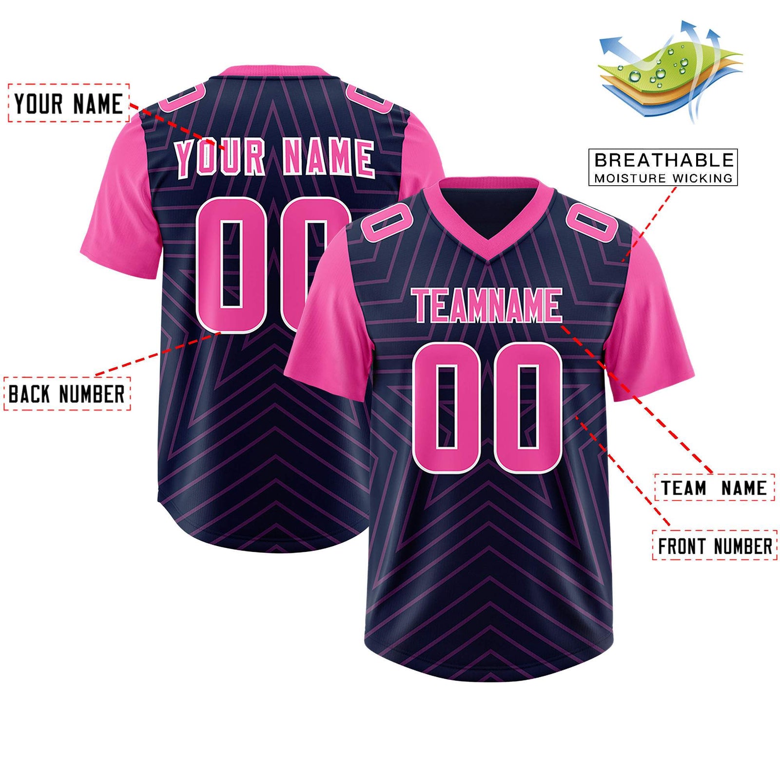 Custom Navy Pink Personalized Star Pattern Raglan Sleeves Authentic Football Jersey