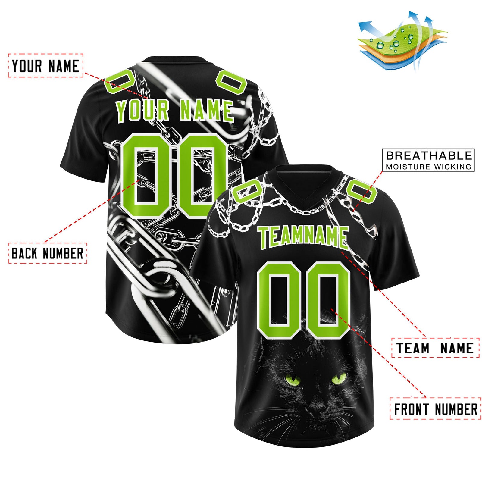 Custom Black Neon Green Graffiti Pattern Chains Football Jersey| KXKSHOP