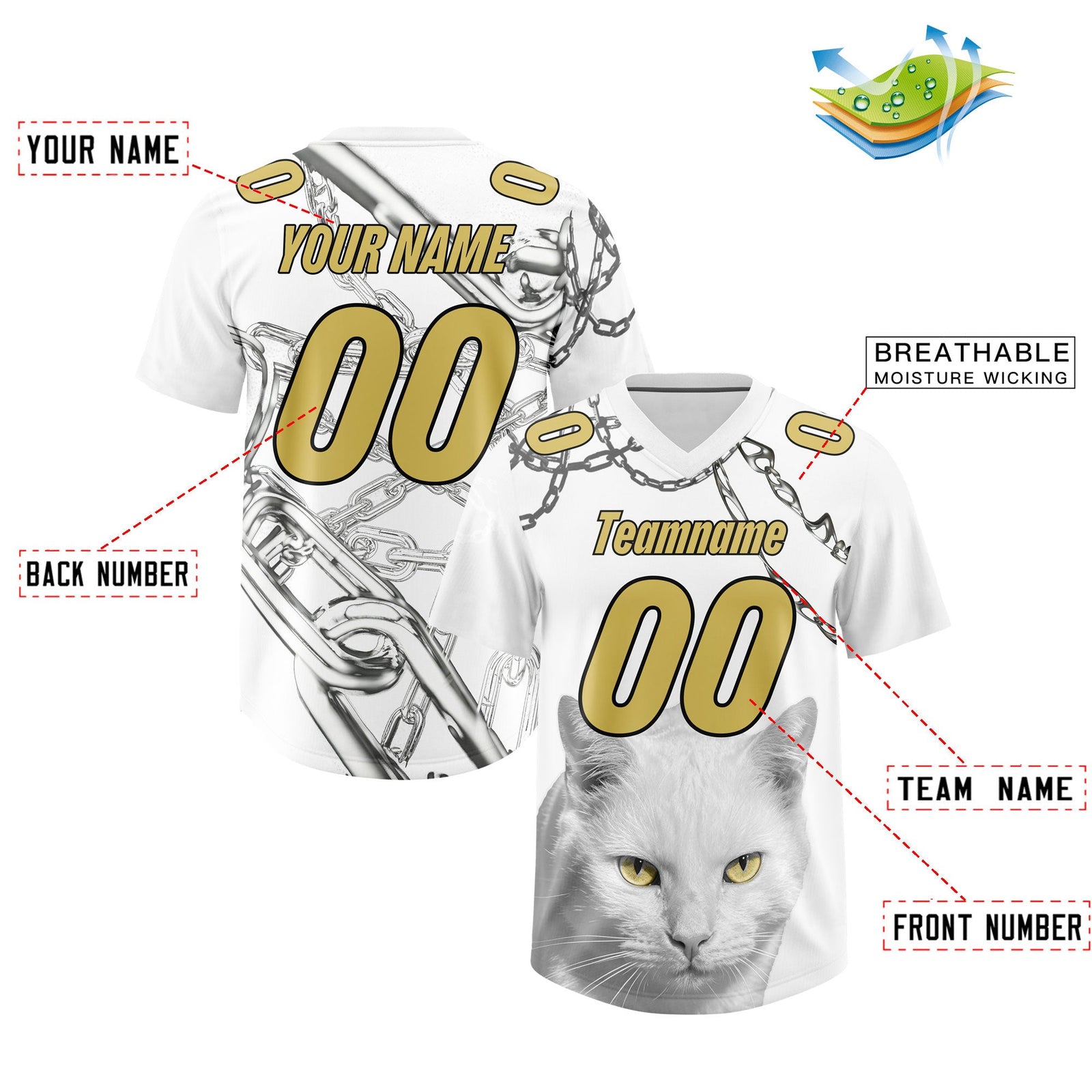 Custom White Old Gold Graffiti Pattern Chains Football Jersey| KXKSHOP