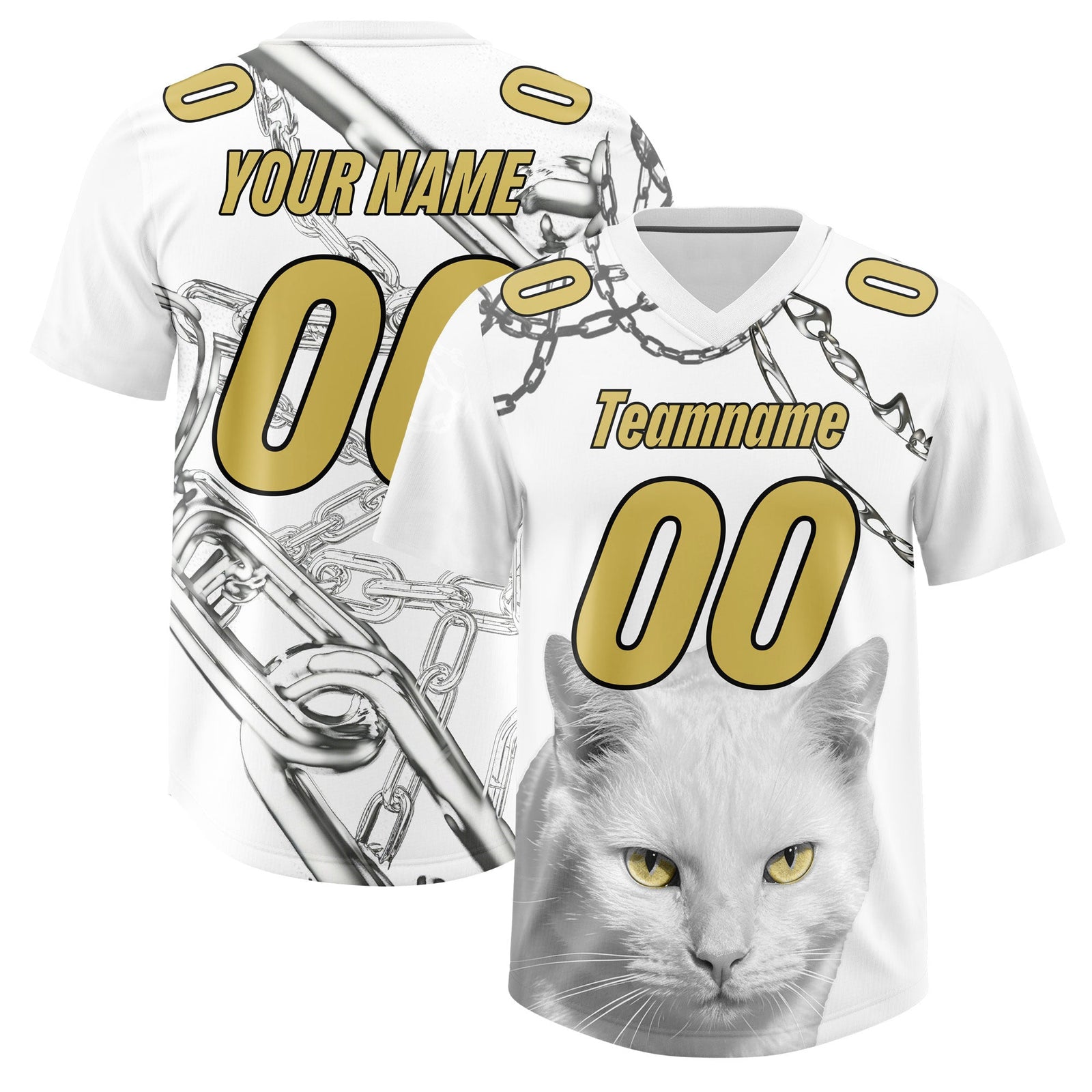Custom White Old Gold Graffiti Pattern Chains Football Jersey| KXKSHOP