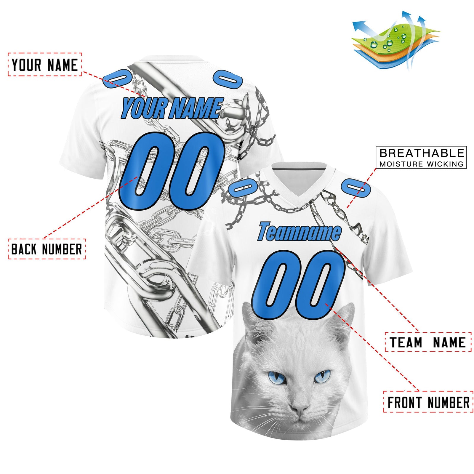 Custom White Light Blue Graffiti Pattern Chains Football Jersey| KXKSHOP