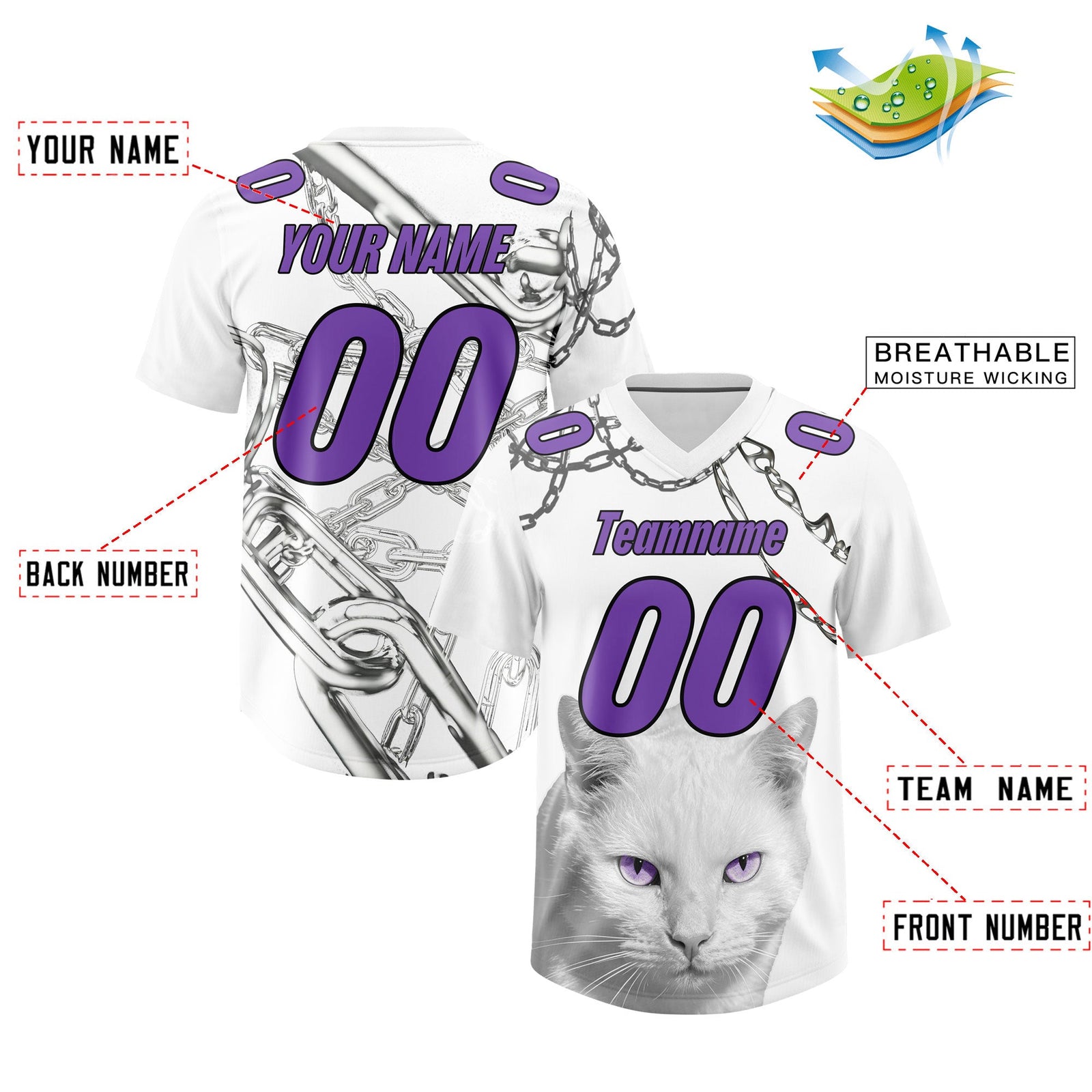 Custom White Purple Graffiti Pattern Chains Football Jersey| KXKSHOP