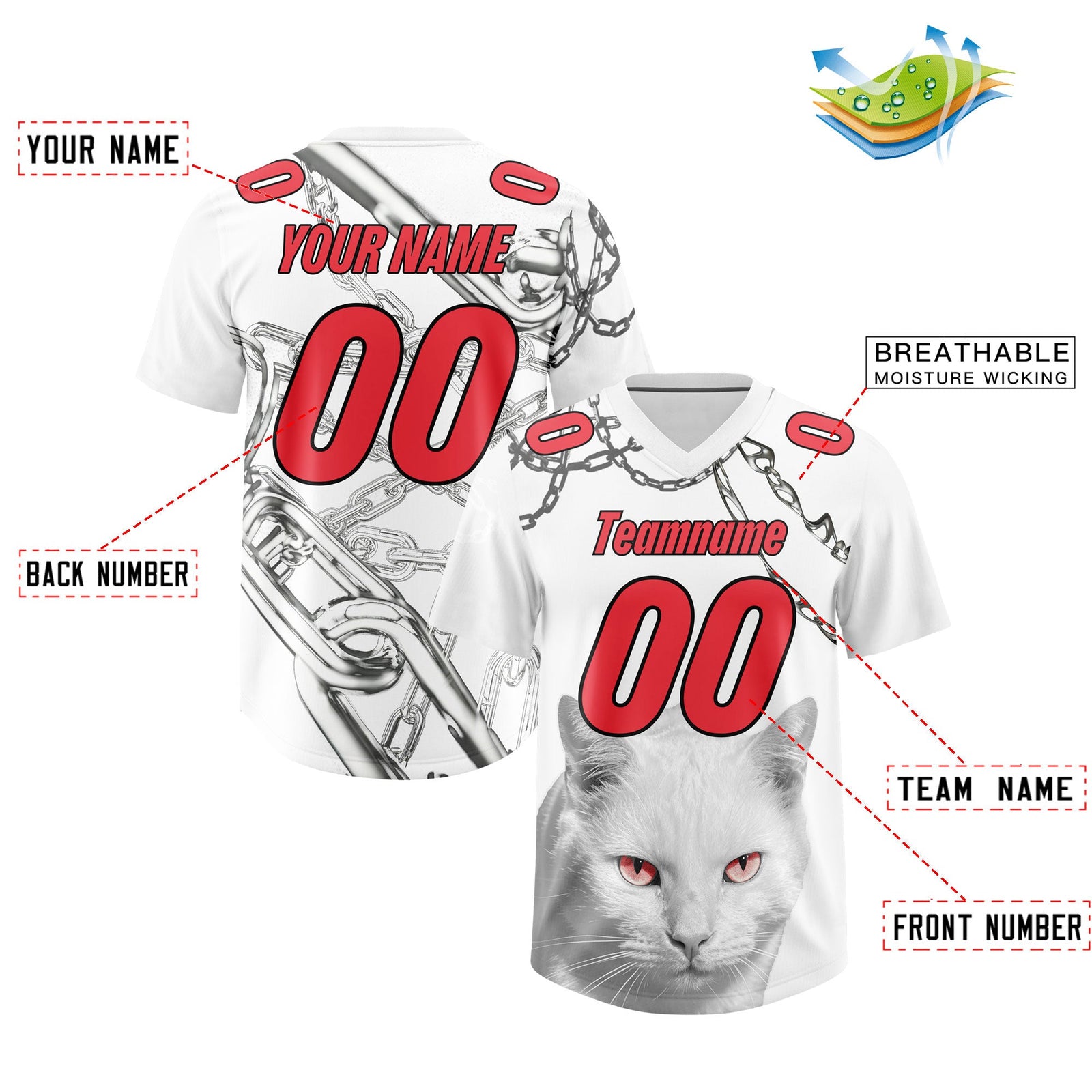 Custom White Light Red Graffiti Pattern Chains Football Jersey| KXKSHOP