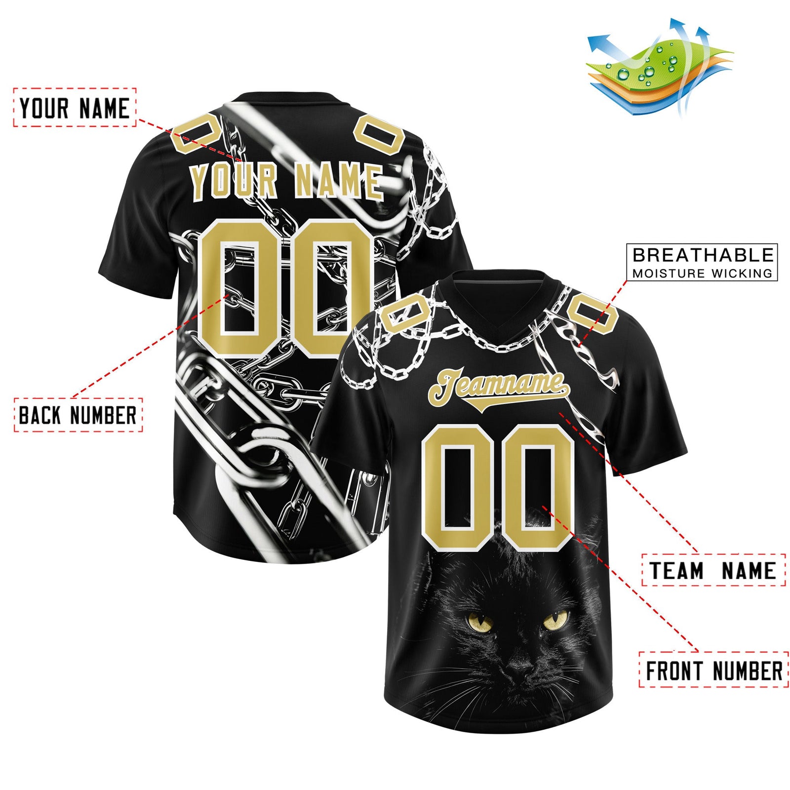 Custom Black Old Gold Graffiti Pattern Chains Football Jersey| KXKSHOP