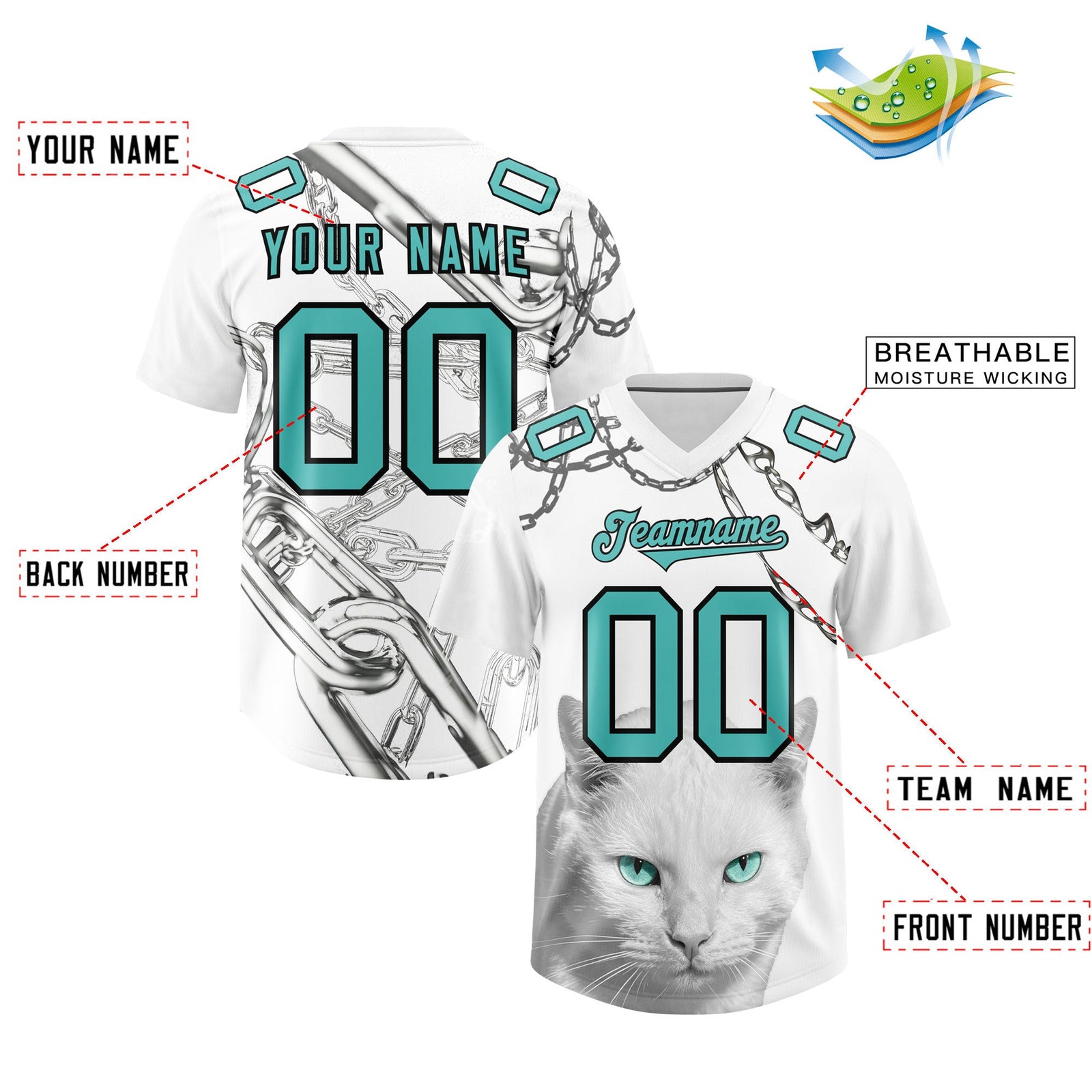 Custom White Teal Graffiti Pattern Chains Football Jersey| KXKSHOP