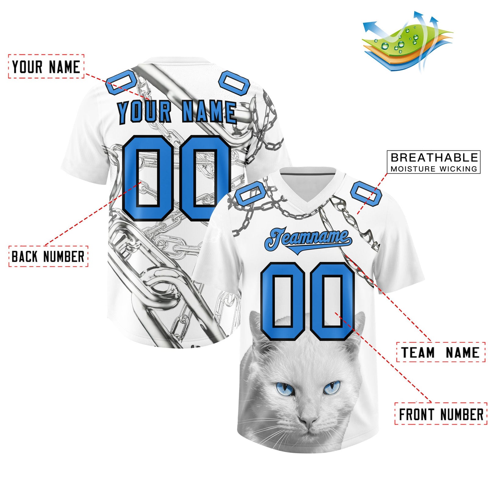 Custom White Light Blue Graffiti Pattern Chains Football Jersey| KXKSHOP