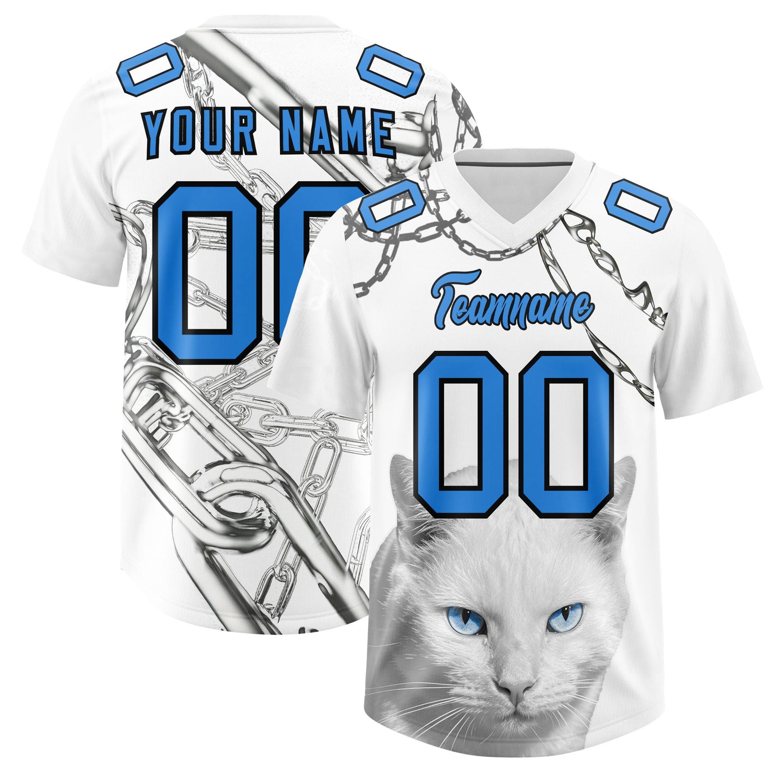 Custom White Light Blue Graffiti Pattern Chains Football Jersey| KXKSHOP