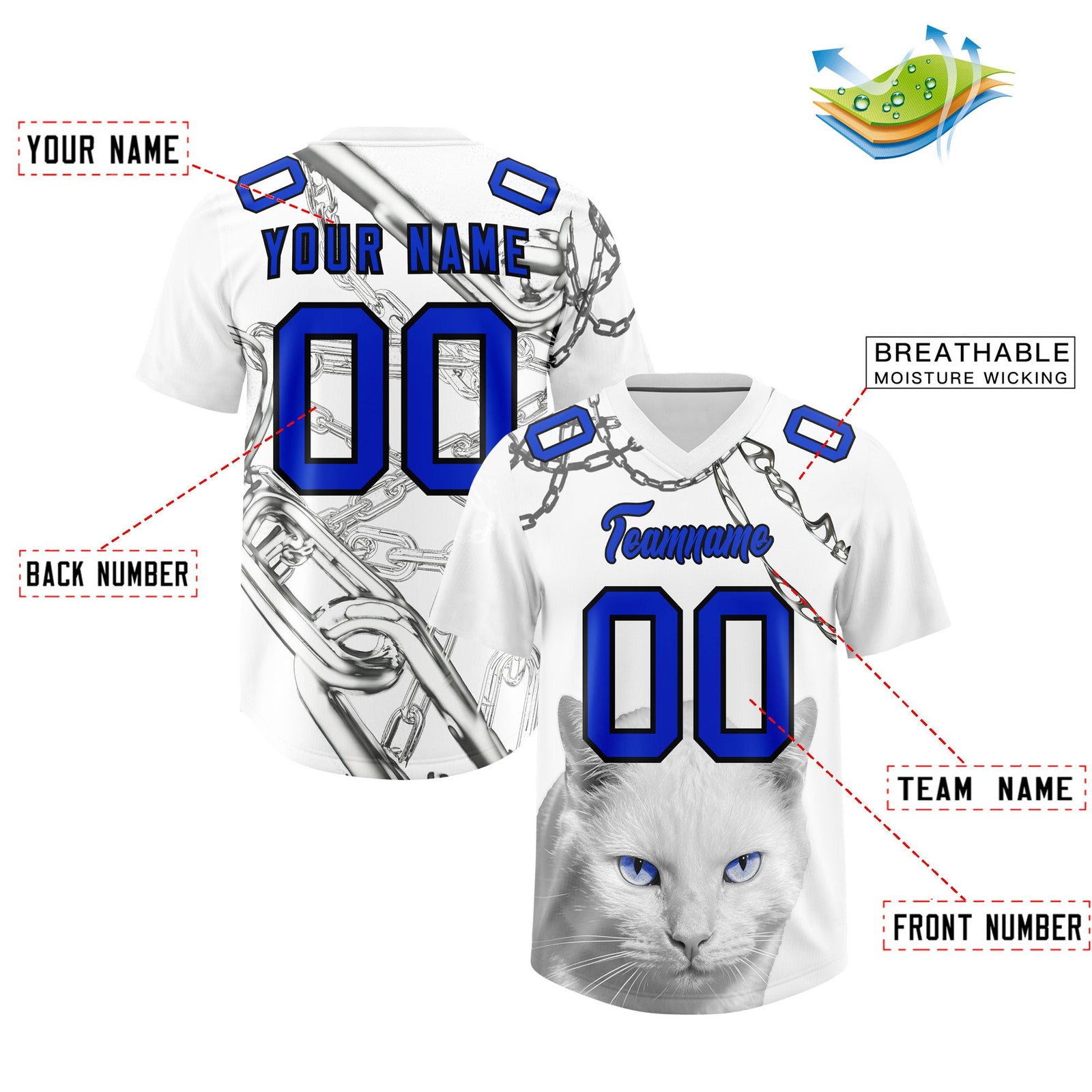 Custom White Blue Graffiti Pattern Chains Football Jersey| KXKSHOP
