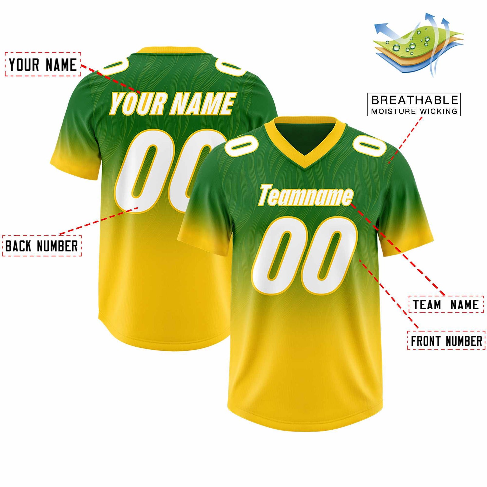 Custom Kelly Green Gold Gradient Fashion Outdoor Authentic Football Jersey