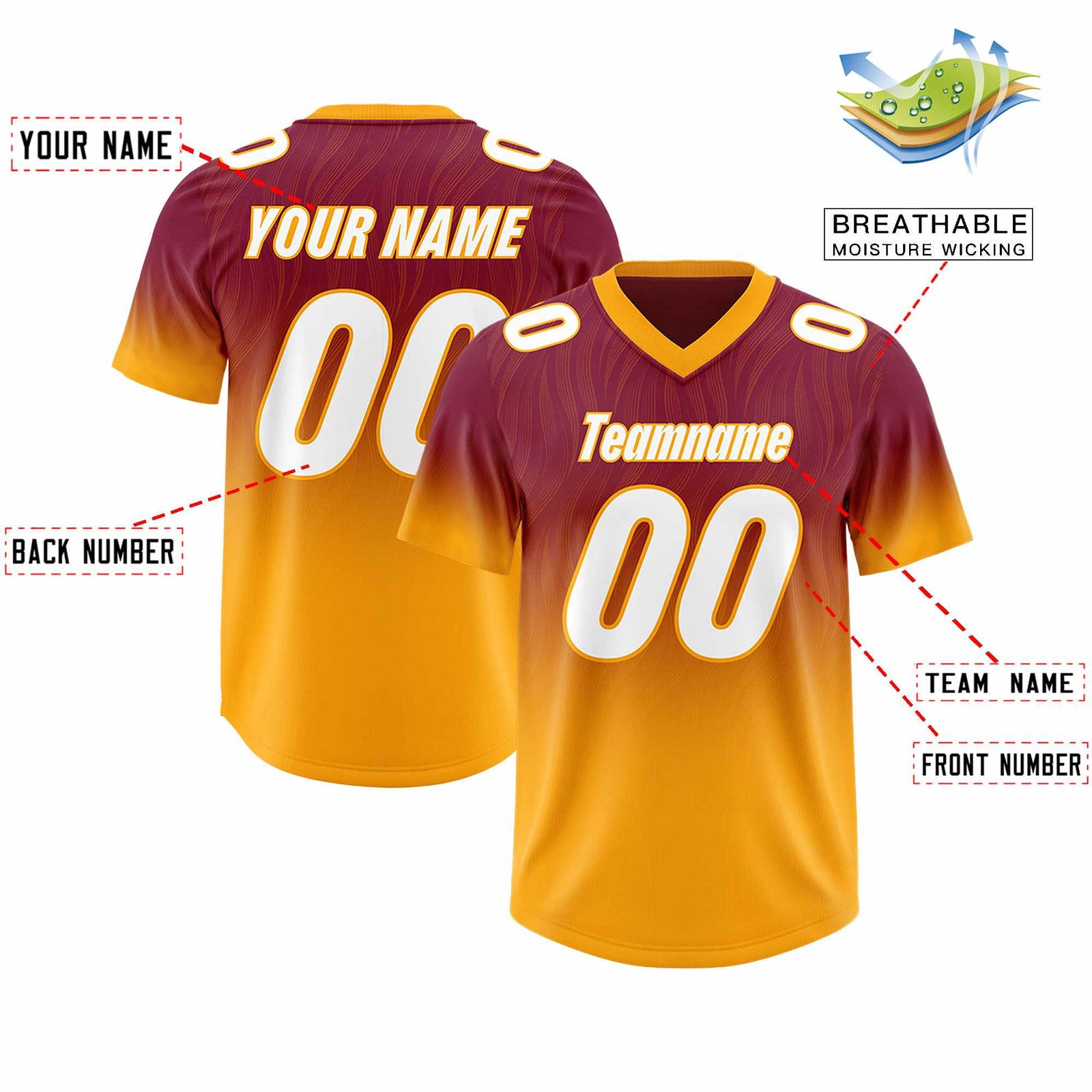 Custom Cardinal Yellow Gradient Fashion Outdoor Authentic Football Jersey
