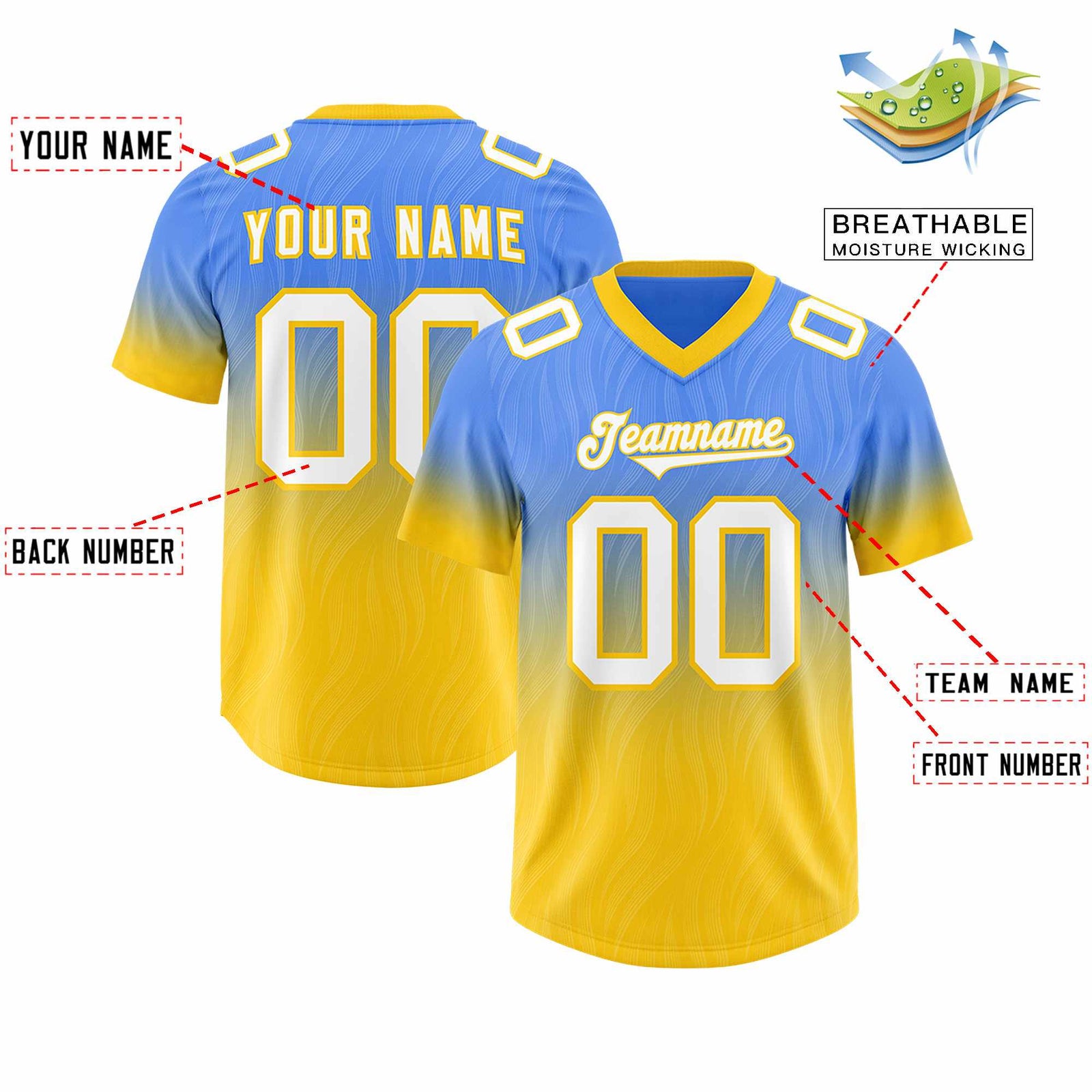 Custom Powder Blue Gold Gradient Fashion Outdoor Authentic Football Jersey